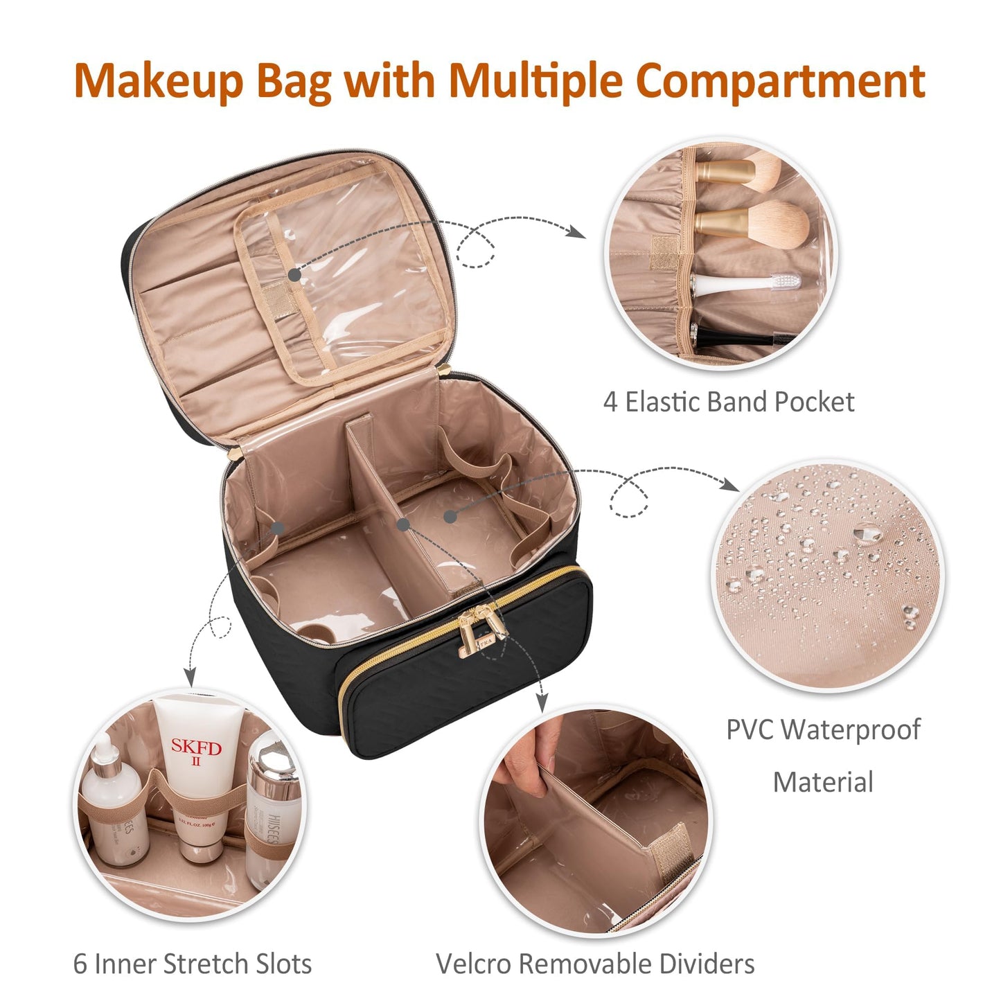 TBTOTRA Travel Makeup Bag with Jewelry Organizer, Large Cosmetic Case, Waterproof Toiletry Bag for Cosmetics, Brushes, and Tools, Black