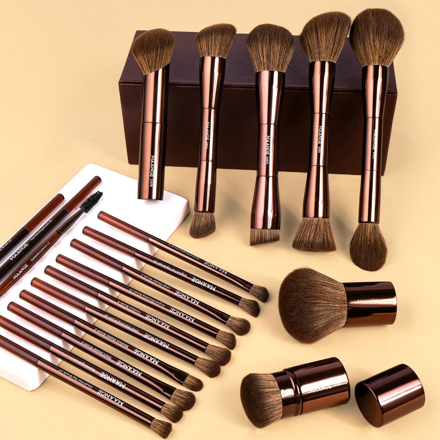 MAANGE 20 Pcs Makeup Brushes with Gift Box, Double-End Multi-functional Makeup Brushes for Blending Liquid Powder Concealer Cream Blush Buffe,Dark Brown