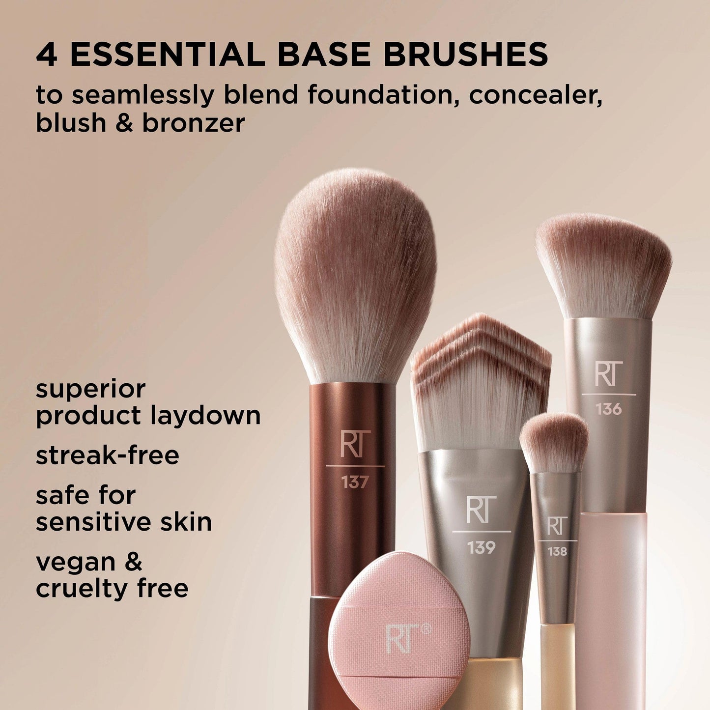Real Techniques New Nudes Blurred Base Kit, 5 Piece Face Makeup Brush Set with Powder Puff, for Foundation, Concealer, Blush, Contour & Powder Blending, Soft Bristles, Cruelty-Free