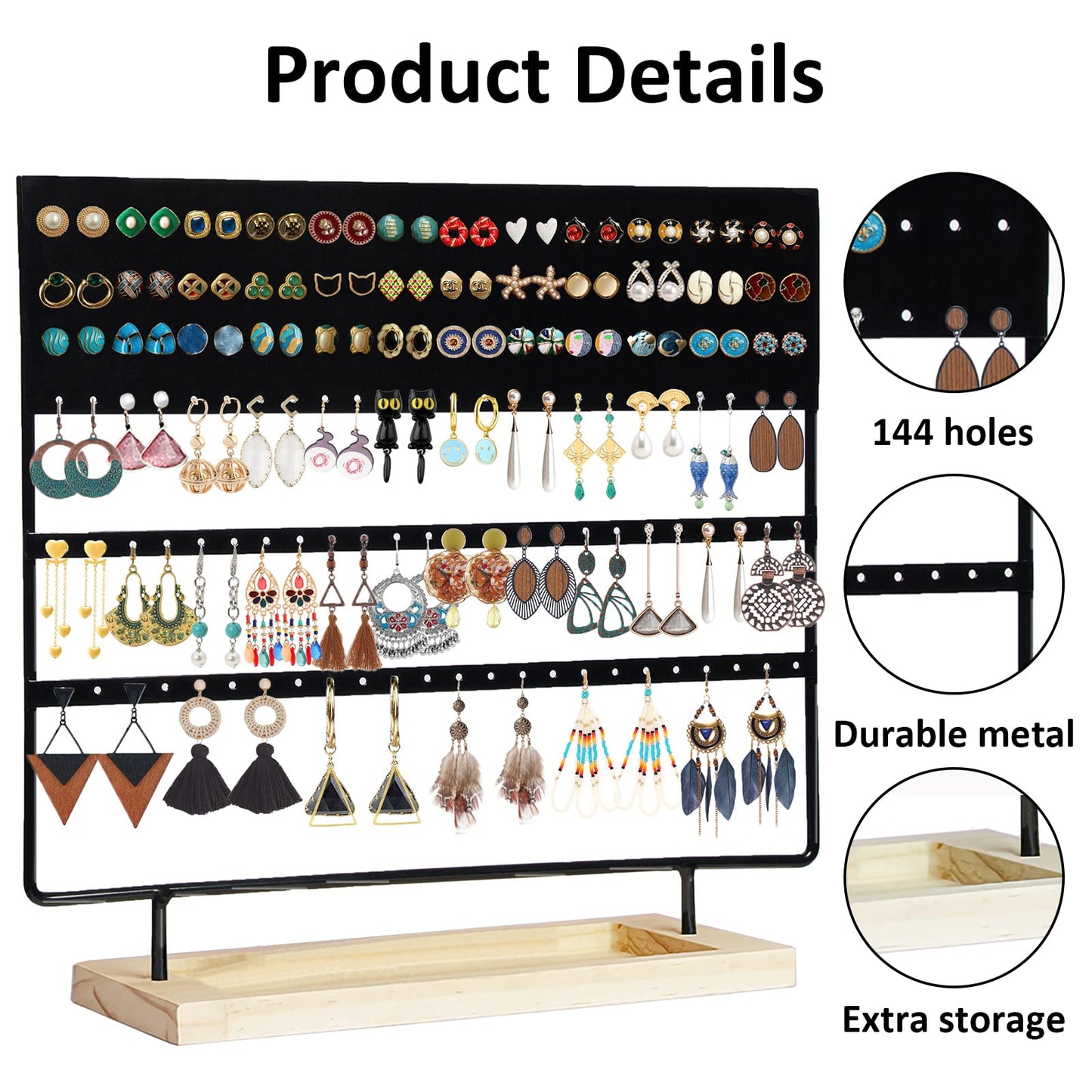 GPUSFAK Earring Holder Organizer Stand - Earrings Display Rack 145 Holes Jewelry Holder Tower with Wooden Tray for Earrings Rings Black