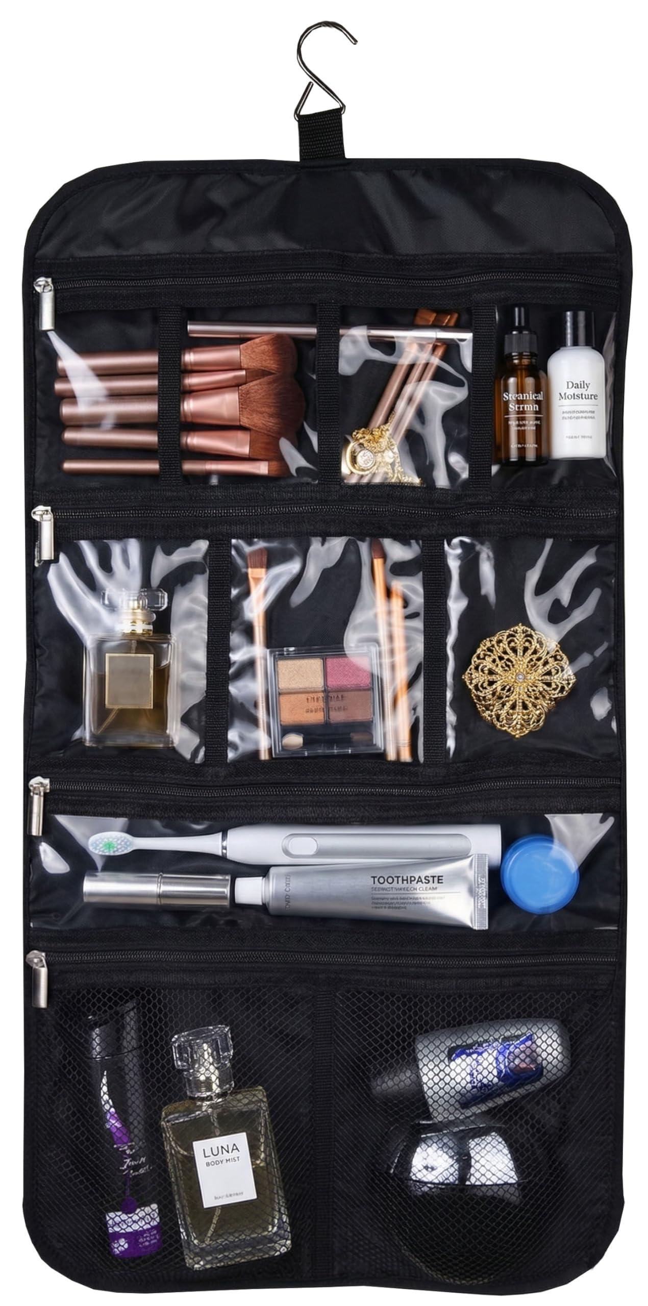 Freegrace Premium Hanging Toiletry Bag for Travel - Cosmetic, Jewelry, Toiletry, Makeup & Accessory Storage Organizer Bag, Large Size for Women & Men (Black)