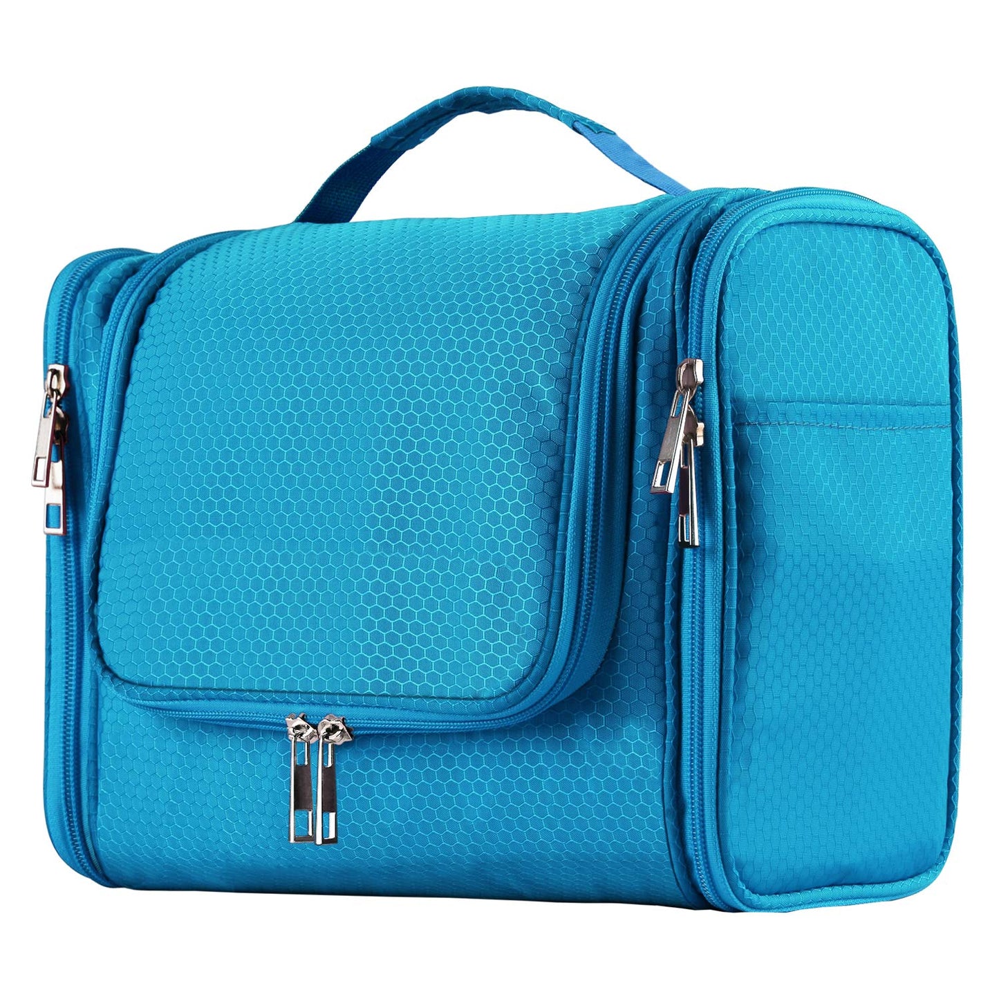 Buruis Hanging Toiletry Bag for Women and Men, Large Water-Resistant Makeup Organizer with Sturdy Hook, Lightweight Nylon Dopp Kit for Full-Sized Toiletries & Cosmetics, Light Blue