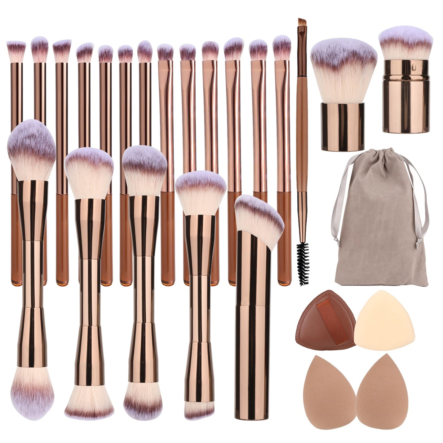 24 Pcs Double-End Multi-functional Makeup Brushes with Gift Box for Blending Liquid Powder Concealer Cream Blush, Coffee Brown