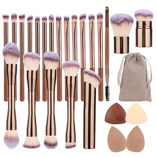 24 Pcs Double-End Multi-functional Makeup Brushes with Gift Box for Blending Liquid Powder Concealer Cream Blush, Coffee Brown