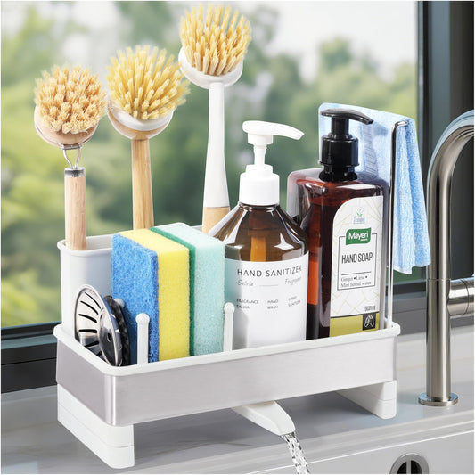 Ouletoy Kitchen Sink Caddy Organizer, Stainless Steel Sponge Holder, Kitchen Caddy Sink Organizer with Dish Brush Holder and Dishcloth Rack, Rustproof Dish Sponge Drying Rack for Countertop Storage