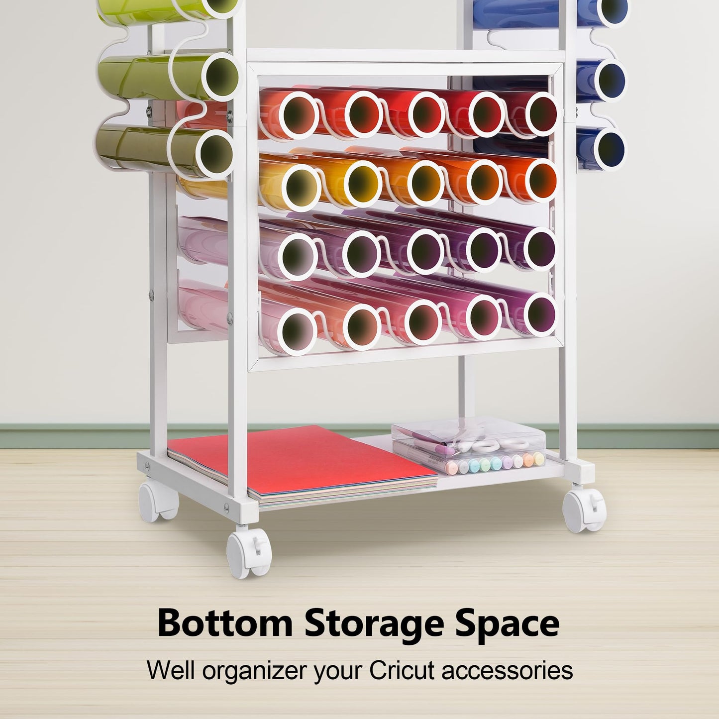30 Vinyl Roll Holders for Cricut Cart, Organization and Storage Compatible with Cricut Maker Machine, Crafting Table Organization Workstation for Craft Room, 3 Tier Rolling Craft Cart for Small Spaces
