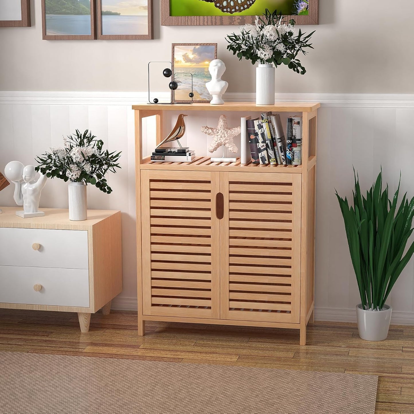 FoverOne Bamboo Bathroom Storage Cabinet with 2 Doors, Bathroom Floor Freestanding Cabinets Organizer for Living Room, Kitchen, Entryway