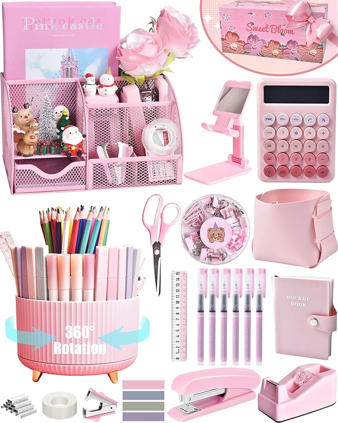 Pink Desk Organizers and Accessories With Mesh Desk Organizer and 360°Rotating Pen Holder and a Lot of Office Pink Office Supplies Beautifully Presented in a Gift Box Christmas Gifts