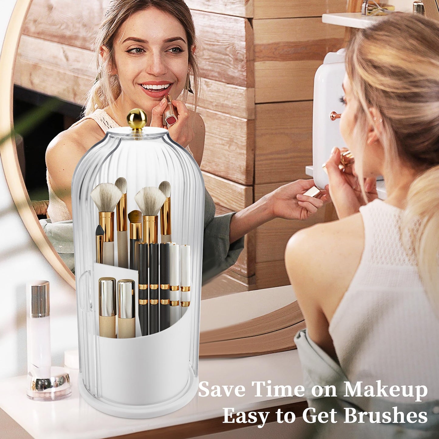 Makeup Brush Holder with Lid 360 Rotating Makeup Brush Organizer, Dustproof Waterproof Material & with 3 Compartments for Organized Storage, Dressing Tables Clear Storage Skincare Cosmetic (White)