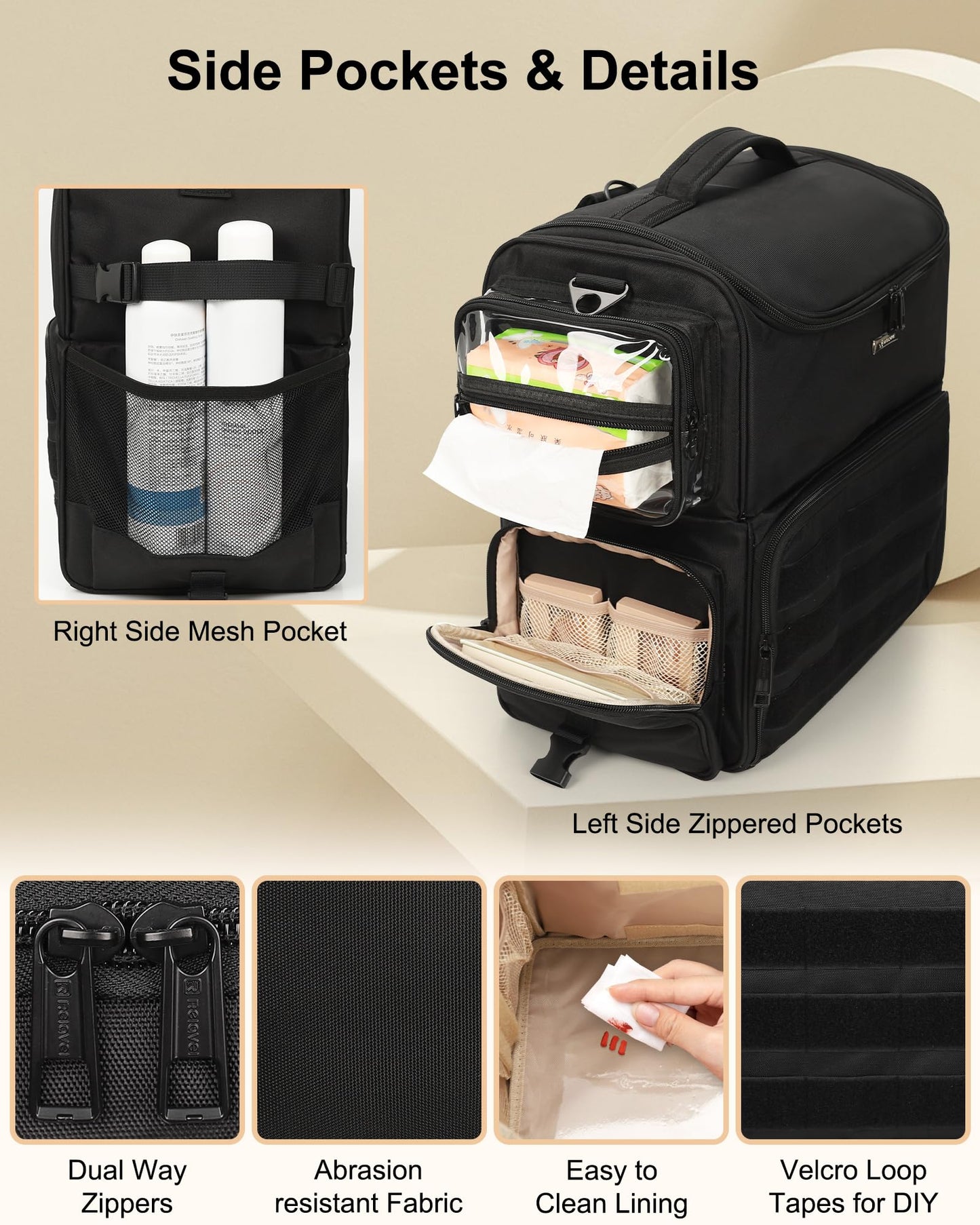 Relavel Rolling Makeup Train Case with 8 Pcs Hook and Loop Patches, Cosmetology Case on Wheels with 4 Clear Bags, Professional Makeup Artist Bags Cosmetic Organizer with 360° Spinner Wheels, Black