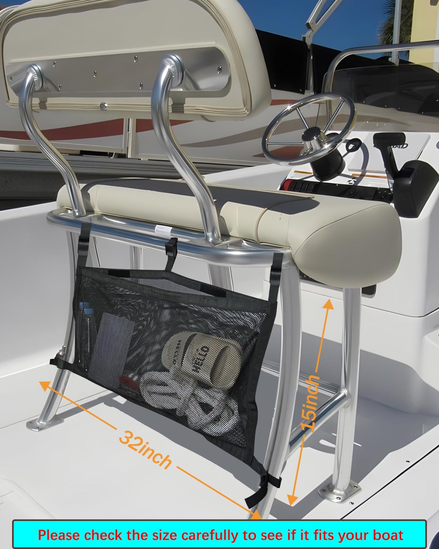 PLOZANO Boat Storage Bag with 3 Divisions, Adjustable Organizer, Mesh Tackle & Life Jacket Holder, Suspended Net for Leaning Post (32 INCH)