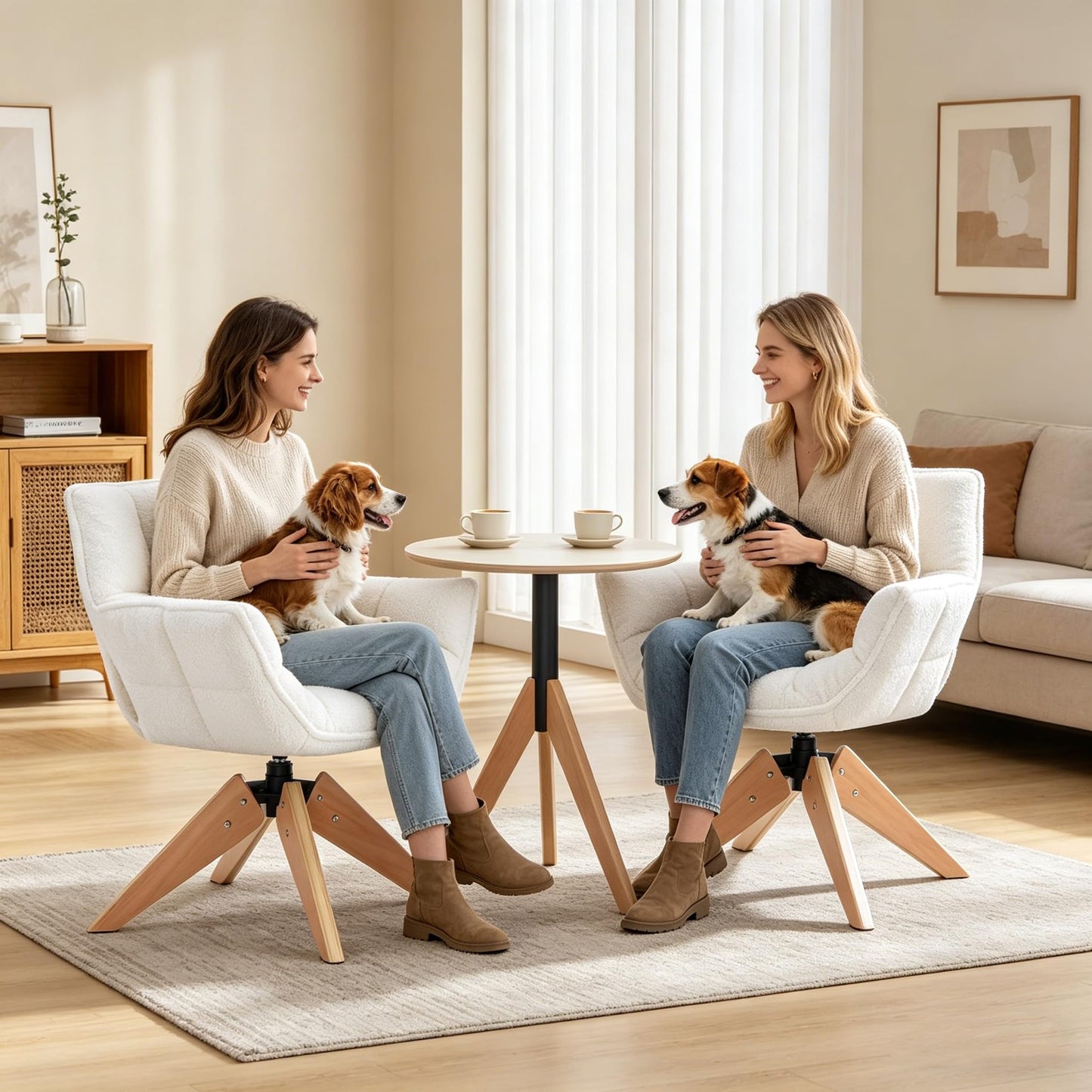 Modern Lambs Wool Accent Chair with Armrest, Sherpa Vanity Desk Chair No Wheels, Mid Century Comfy Upholstered Armchair with Wood Legs for Living Room, Bedroom, Makeup Room, Off-White