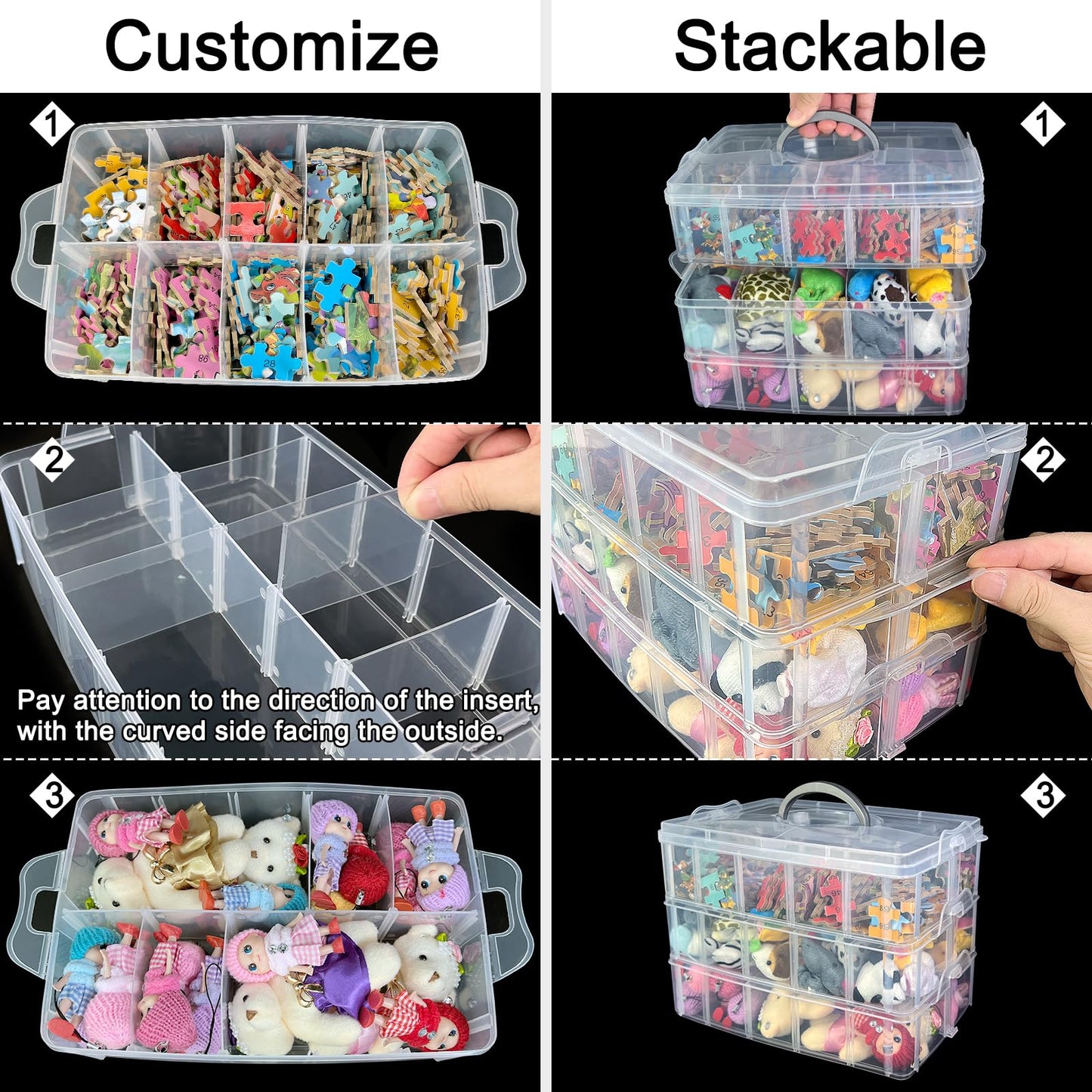 Guyuyii 3-Tier Stackable Bead Organizer with Adjustable Dividers and Handle