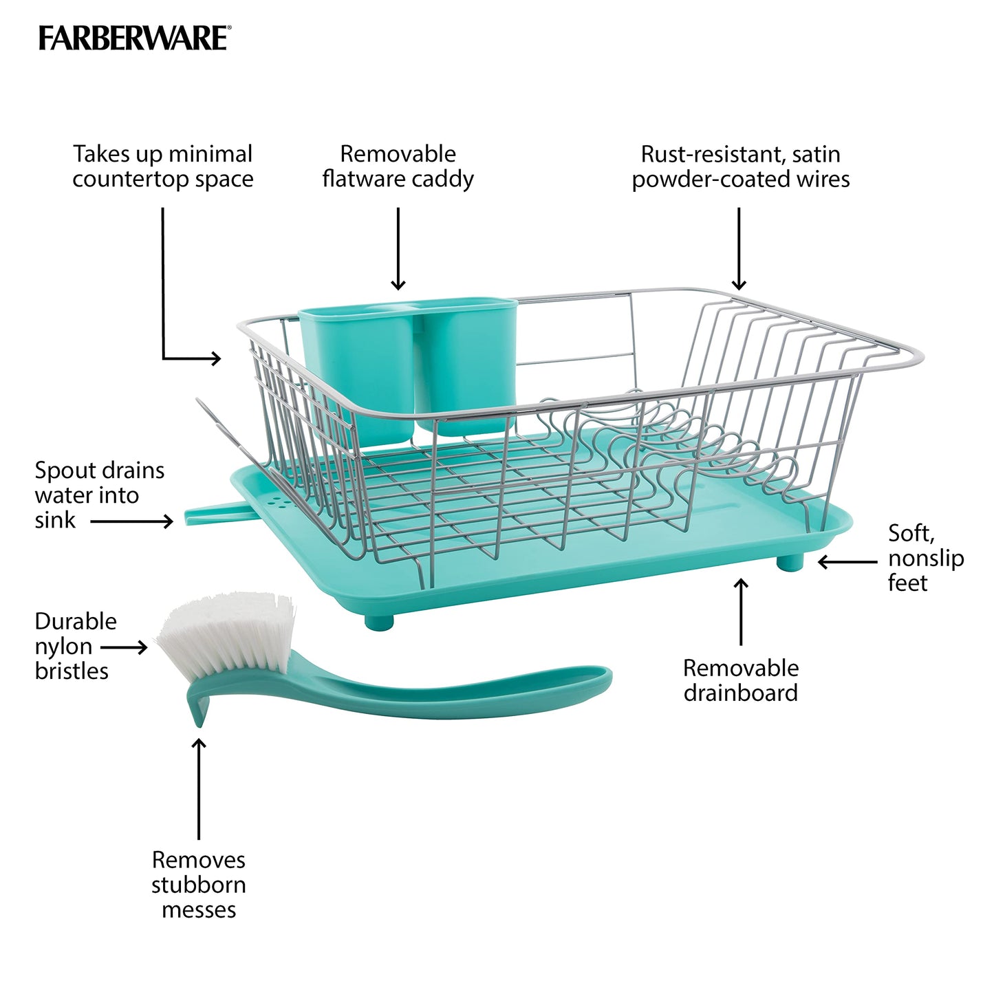 Farberware Compact Dish Drying Rack with Drainboard, Flatware Caddy and Sink Brush, Teal - Holds 9 Plates, Fits Small Kitchens, Apartments and Dorms