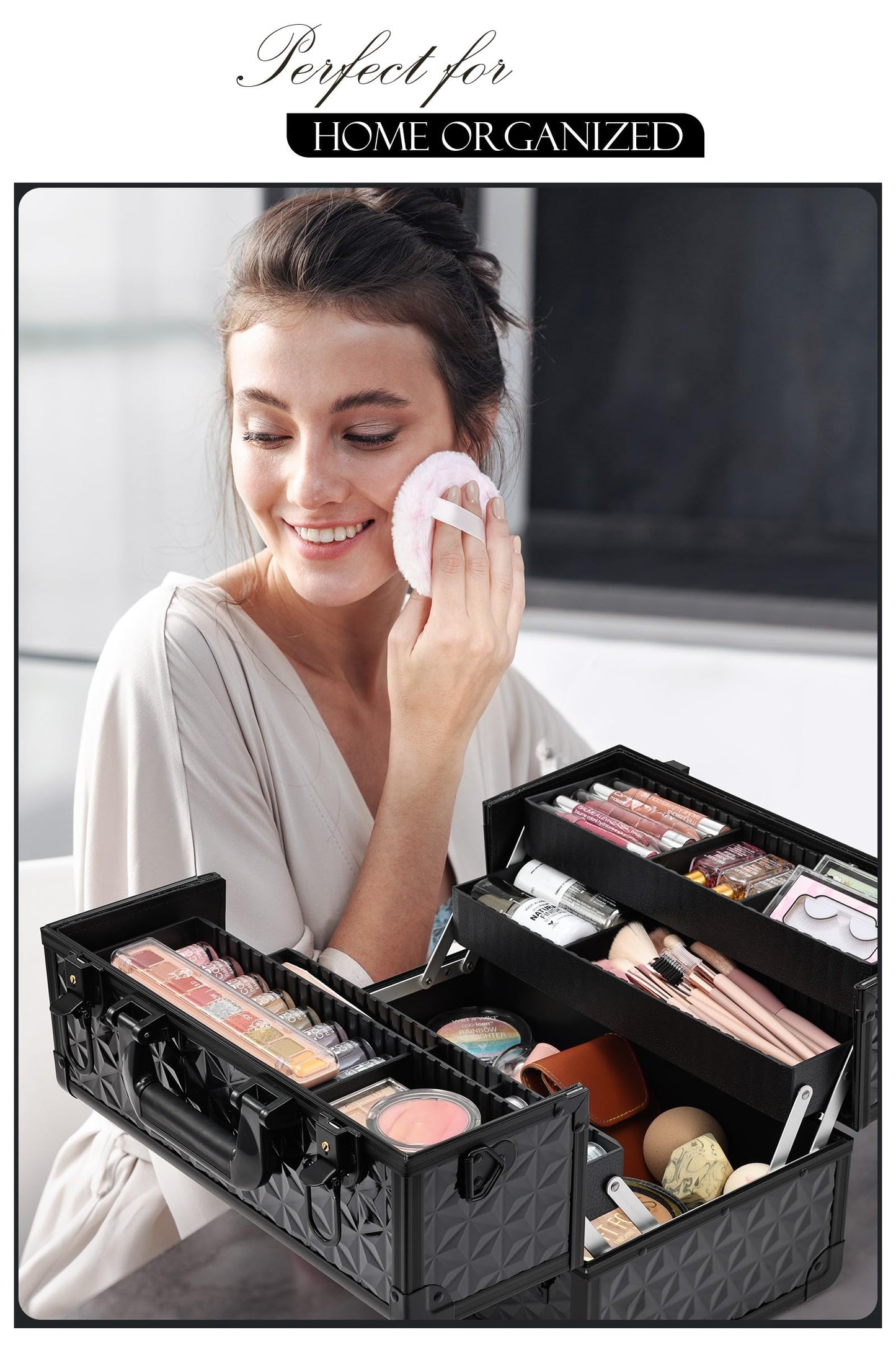 Joligrace Makeup Train Case Professional Cosmetic Organizer Aluminum Storage Box with 4 Adjustable Dividers Trays Lockable Portable with Shoulder Strap - Black