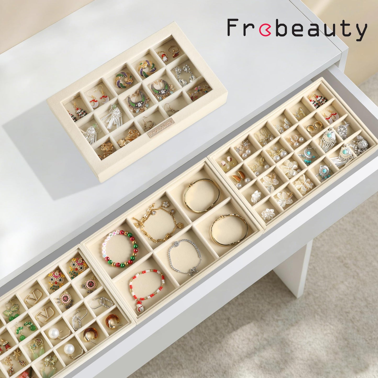 Frebeauty Earring Holder Stackable Jewelry Trays,Velvet Drawer Jewelry Organizer with Glass Lid, 5 in 1 Jewelry Box for Earrings Rings Studs,10.5 x 6.5 x 5.55 Inches Gift for Women (Beige)
