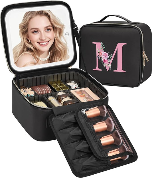 Relavel Initial Makeup Bag with LED Mirror for Women Girls, Personalized Travel Cosmetic Organizer Train Case, Birthday Gifts for Grandkids Bridesmaid Graduation Teacher Friends, Trendy Stuff, Black M