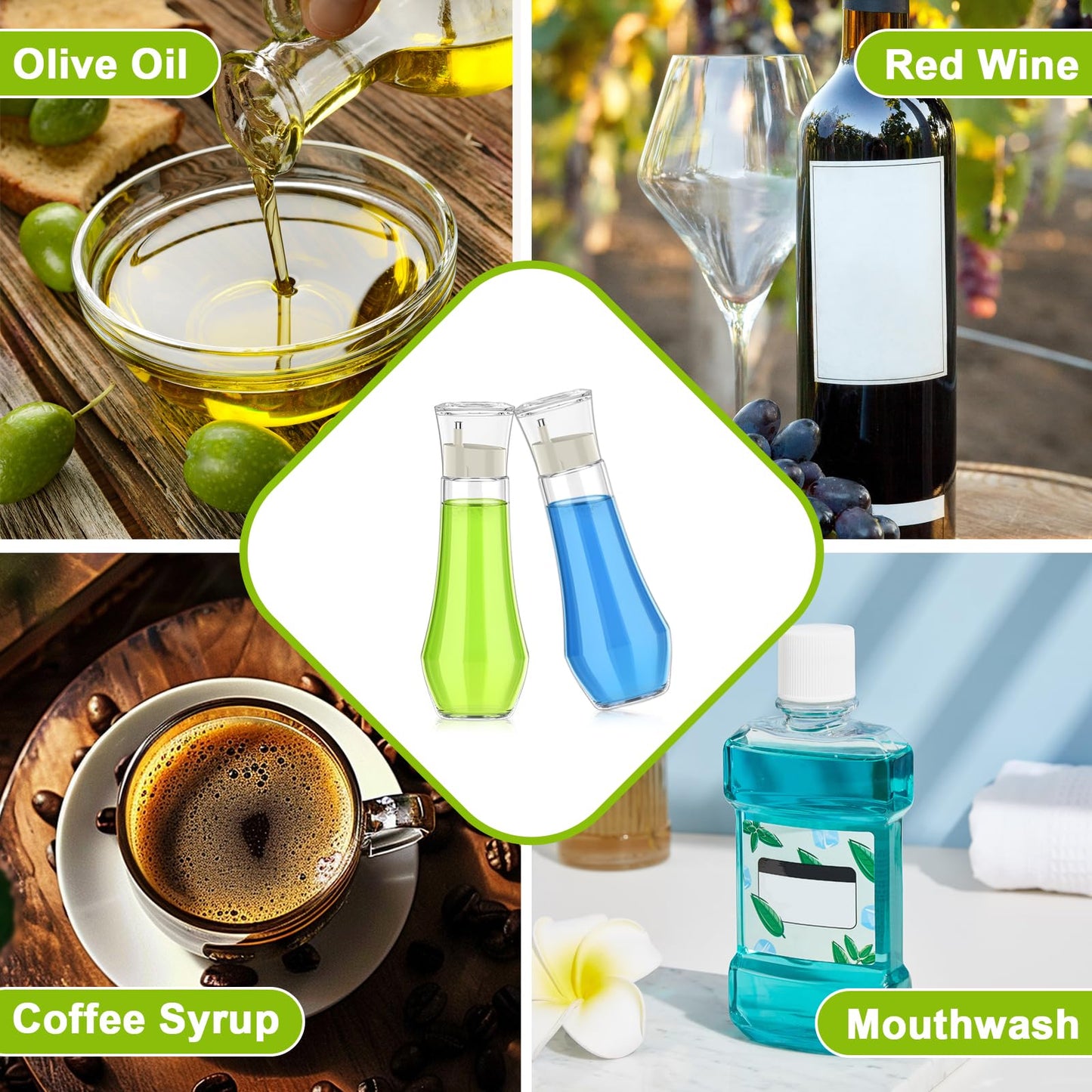 BTIFU Glass Mouthwash Dispenser for Bathroom, 8.8oz Refillable Mouth Wash Container Bottle with Lid Cup, Small Clear Mouthwash Dispensers Decanter for Countertop, Set of 2