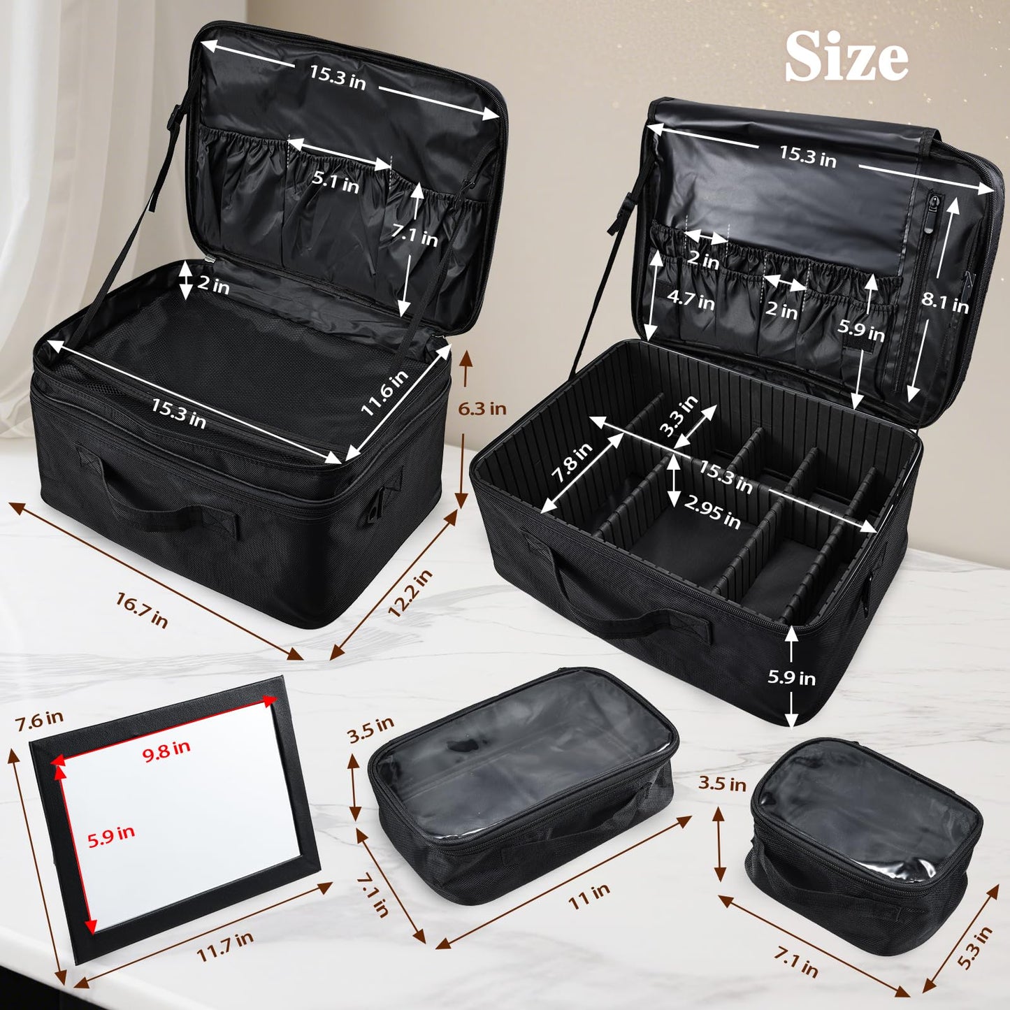 Adazzo Extra Large Makeup Case 8.5” Deep Professional Cosmetic Organizer Box Brush Holder with 3 Clear Set Bags/Lipstick Plate for Makeup Artists with Shoulder Strap/Adjustable Dividers/Luggage Sleeve