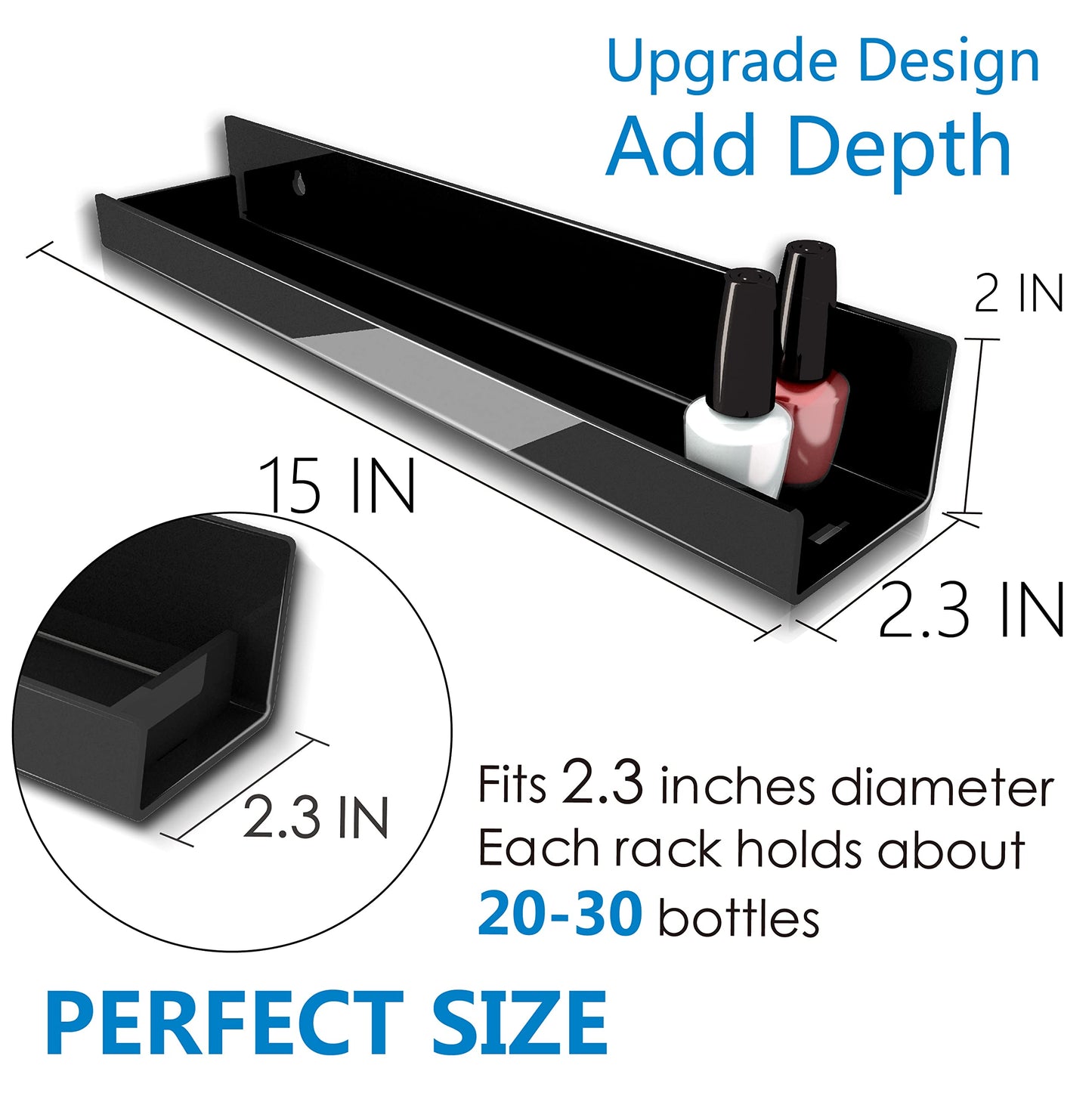 RORKIM 8 Pack 15 Inch Black Acrylic Shelves, Black Kids Floating Bookshelf for Kids Room, Modern Nail Polish Rack Sunglasses Essential Oil Picture Ledge Display Toy Storage Wall Shelf