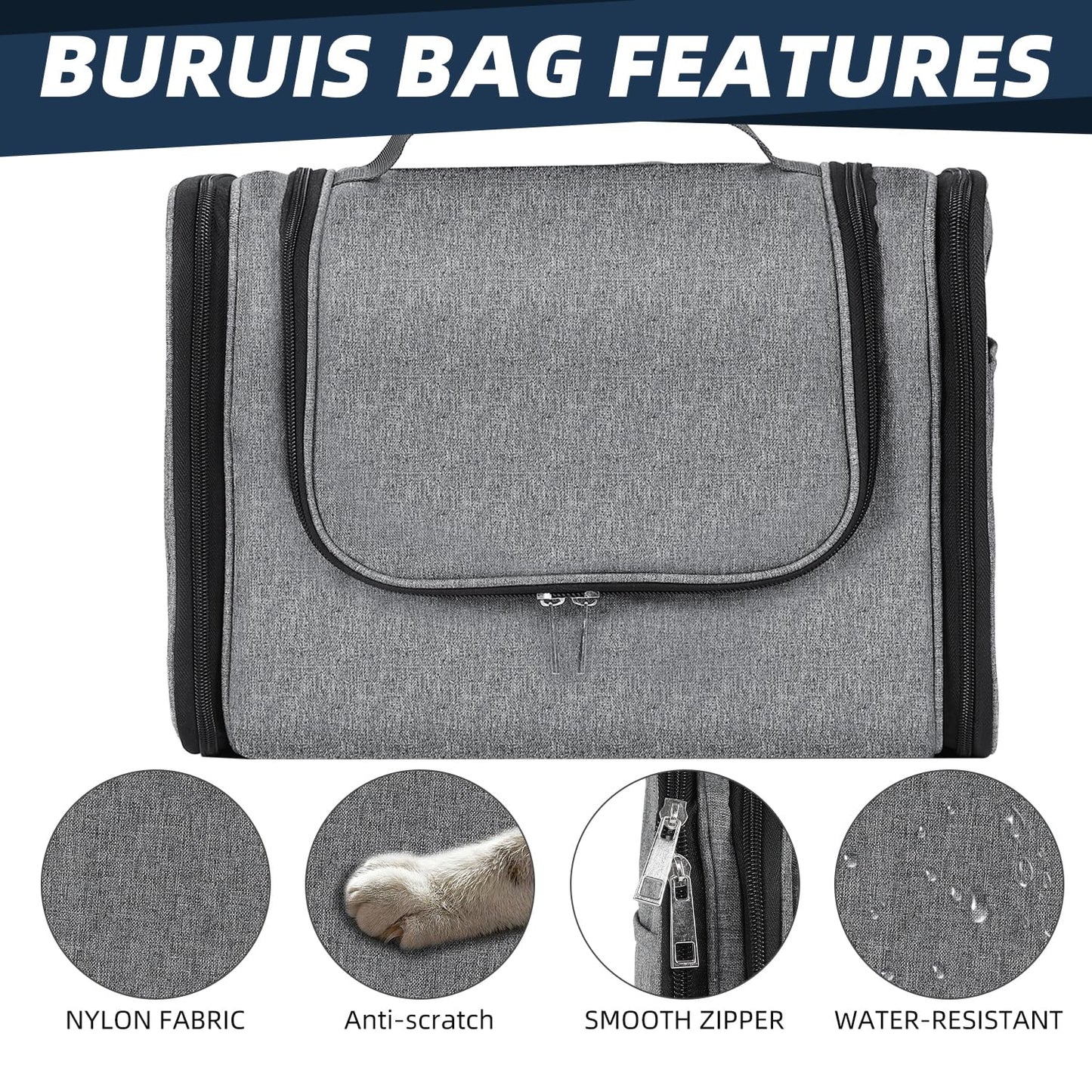 Buruis Hanging Toiletry Bag for Women and Men, Large Water-Resistant Makeup Organizer with Sturdy Hook, Lightweight Nylon Dopp Kit for Full-Sized Toiletries & Cosmetics, Oxford Gray