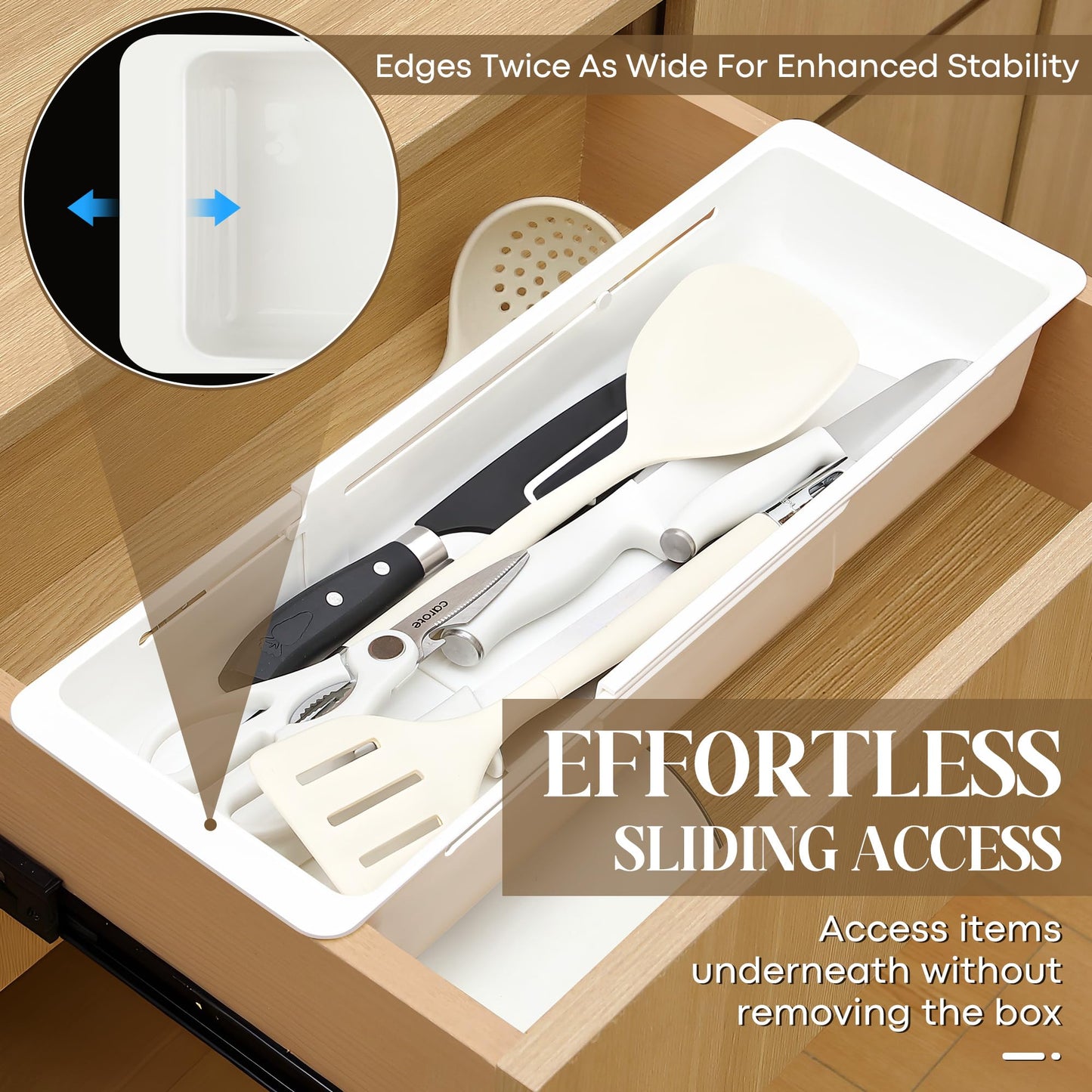 Gulfmew 2 Pack Deep Drawer Organizer Bins, Sliding Drawer Organizer Bin Expandable and Adjustable Tray for Kitchen Utensils, BBQ Tools, Towels, Durable Plastic Sliding for Easy Storage(17.4-27.6")