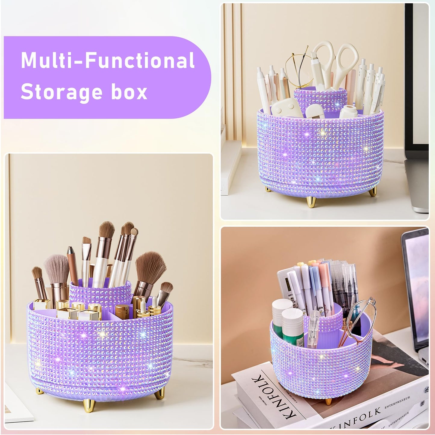 Diesisa Bling Diamond 360° Makeup Brush Holder Organizer, Rotating Makeup Brush Organizer,5 Slot Make up Brushes Cup for Cosmetics, Vanity Desktop Organizer, Gift for Women Teen Girls- Diamond Purple