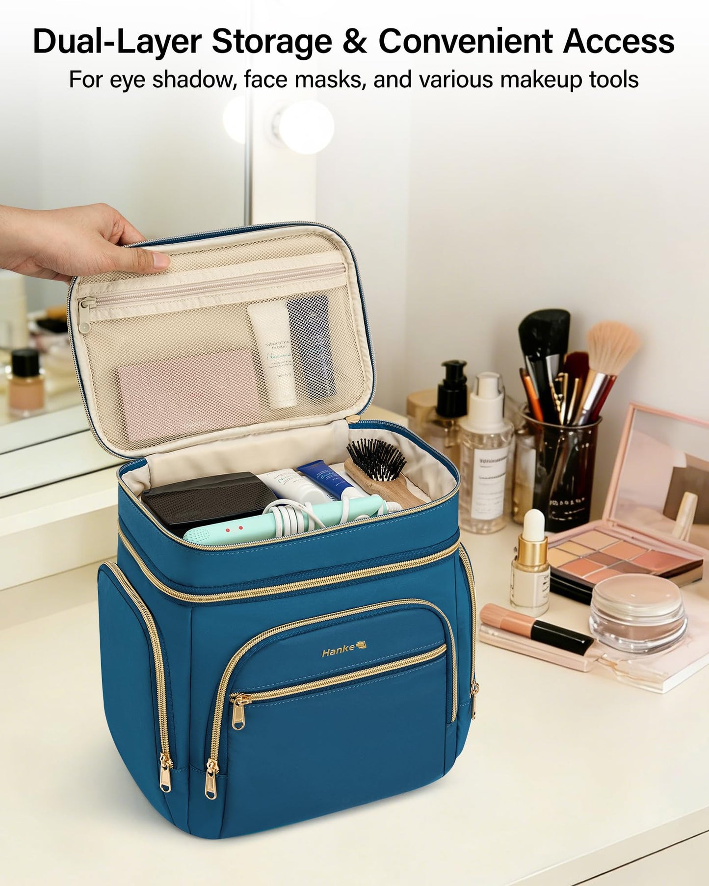Hanke Large Toiletry Bag for Women Travel, Double Layer Organizer with Wide Opening for Full-Size Cosmetics & Toiletries, 12.2L Water-Resistant Makeup Bag,Navy Blue