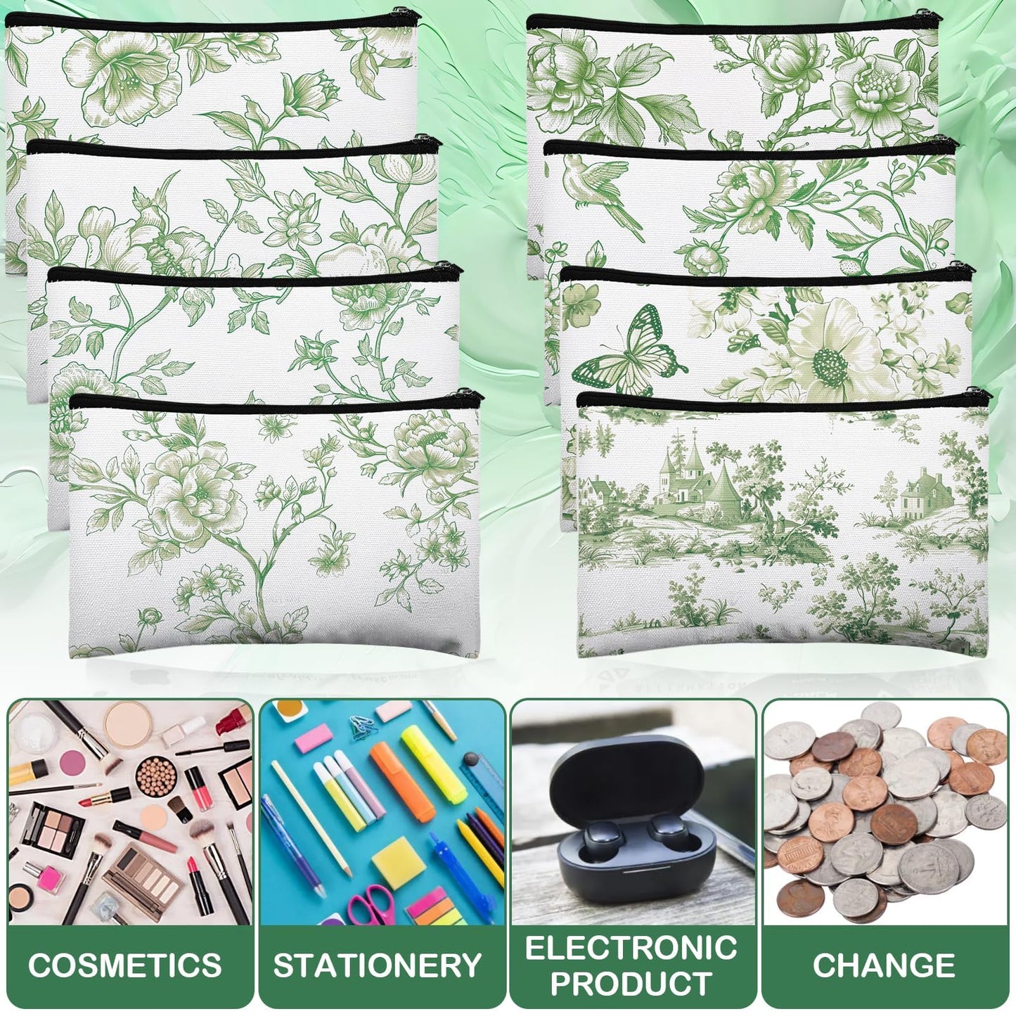 Stuffygreenus 16 Pcs Floral Cosmetic Bags Bulk for Women Sage Green and White Floral Makeup Bags Chinoiserie Canvas Travel Zipper Pouches Aesthetic Toiletry Bag for Girls Bridesmaids Wedding Supplies