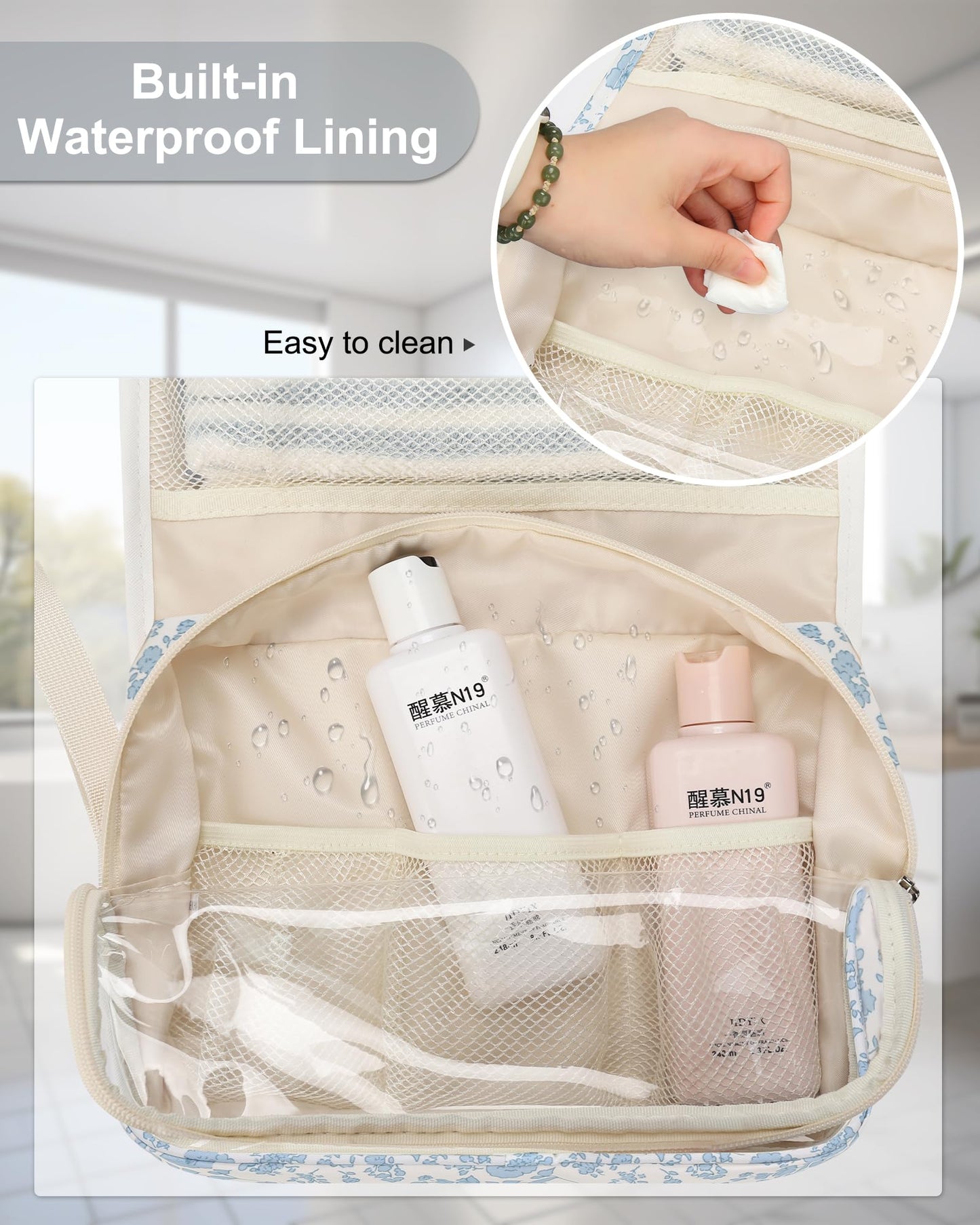 Hanging Toiletry Bag, Travel Toiletries Bag with Hanging Hook, Water Resistant Makeup Cosmetic Organizer for Full Sized Container, Shampoo, Portable Wash Bag for Travel Size Essentials - Blue Flower