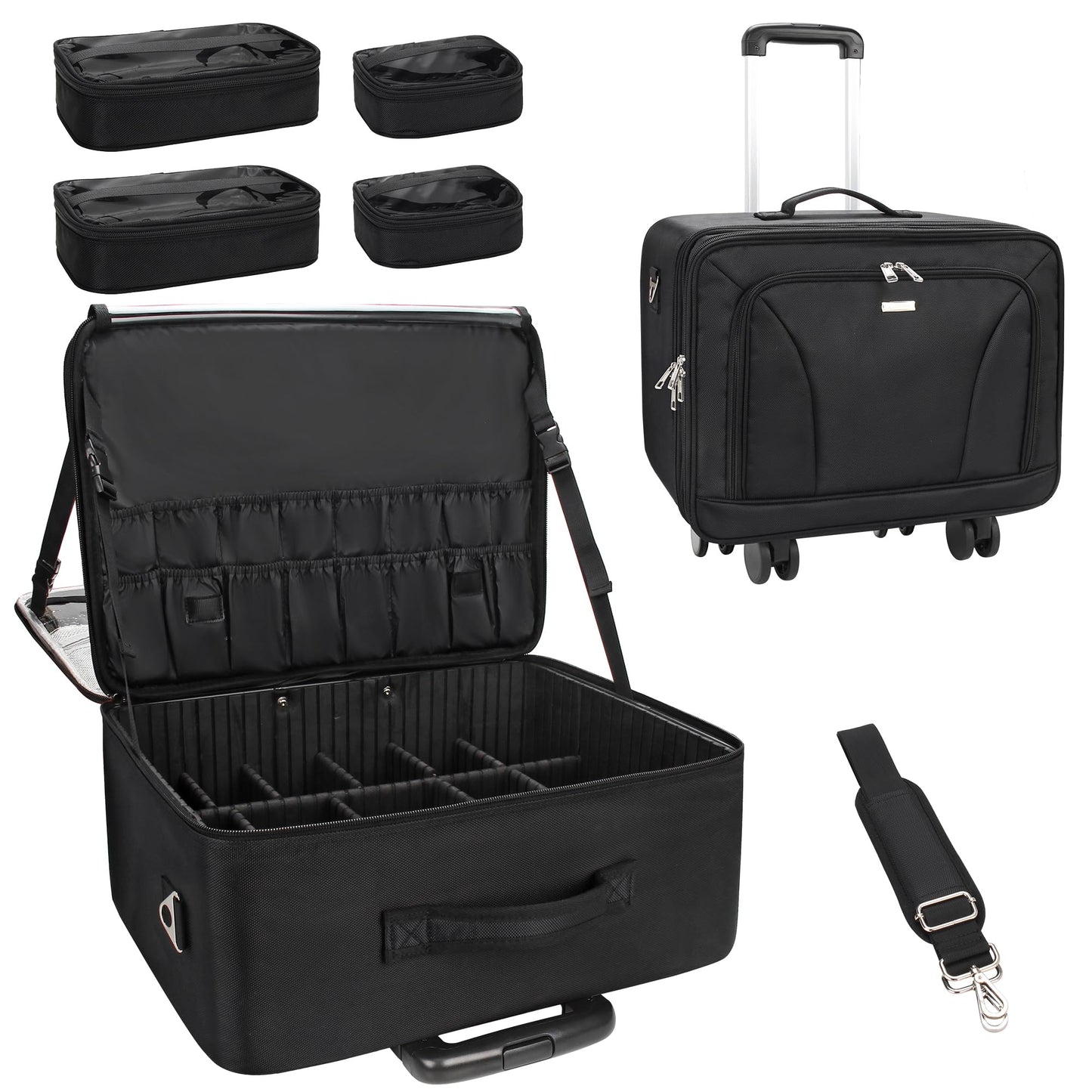 MONSTINA Rolling Makeup Train Case, Cosmetology Case on Wheels Makeup Artist Bag Professional Cosmetics Beauty Hairdresser Bag Hairstylist Cosmetic Bag with 4 Bags Extra Large Makeup Bag with Wheels