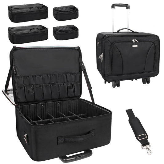 MONSTINA Rolling Makeup Train Case, Cosmetology Case on Wheels Makeup Artist Bag Professional Cosmetics Beauty Hairdresser Bag Hairstylist Cosmetic Bag with 4 Bags Extra Large Makeup Bag with Wheels