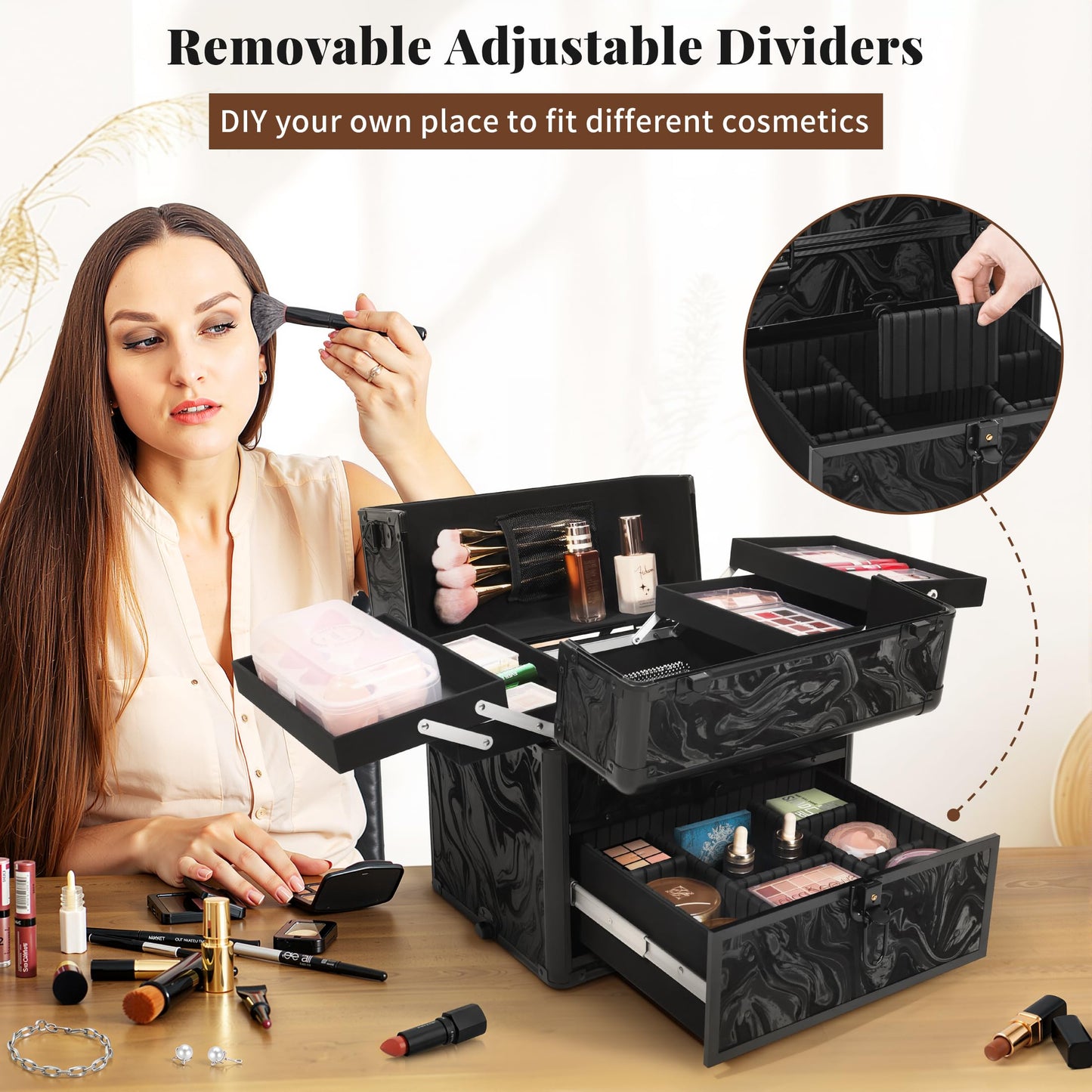 AROUS Rolling Makeup Case with 3 Drawers, Cosmetology Case on Wheels 5 IN 1 Makeup Train Case Make Up Organizer for Artist Salon Nail Teach Trunk,Ink