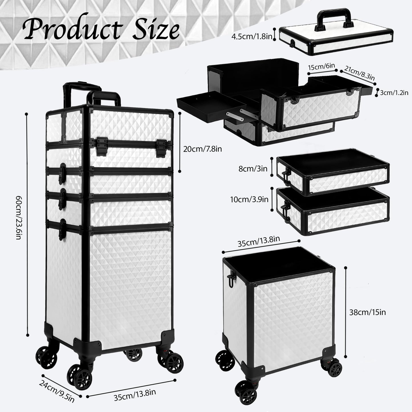 Buanson 5 in 1 Rolling Makeup Train Case on Wheels Large Cosmetic Organizer Travel Cart for Women Beauty Salon Barber Hairstylist White