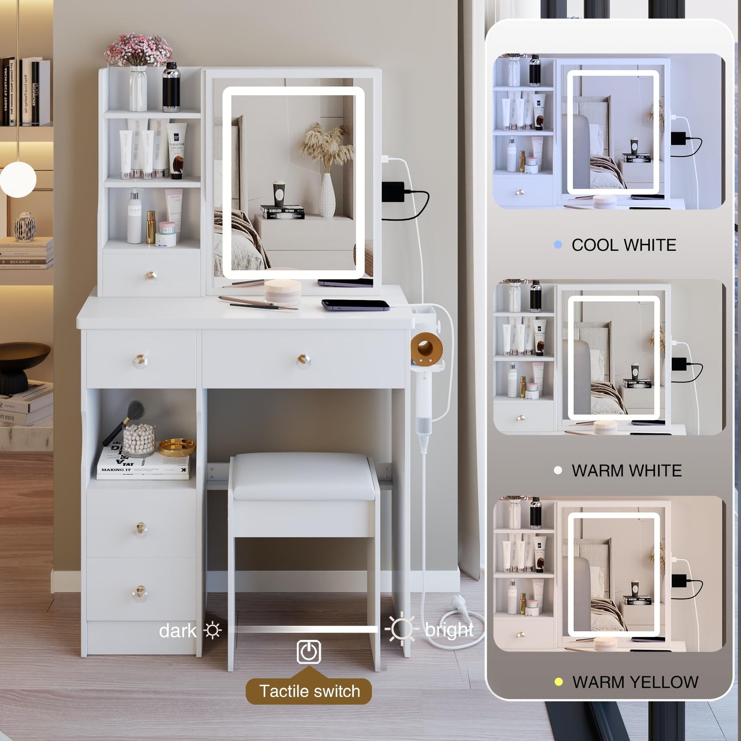 KEIKI Vanity Desk with Mirror Light and Charging Station, Makeup Vanity Table with Stool, Storage Drawer & Hair Dryer Holder, 29.2" Small Dressing Table Set with Tri-Color Lighting for Bedroom, White