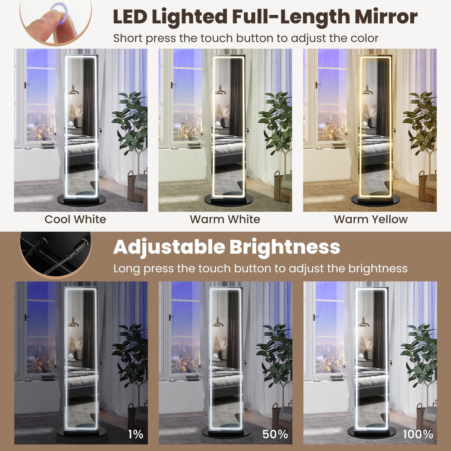 CHARMAID 360° Rotating Jewelry Armoire with LED Lighted Full Length Mirror & Built-in Vanity Mirror, Lockable Standing Jewelry Cabinet with Lights, Large Storage Organizer for Jewelry (Black)