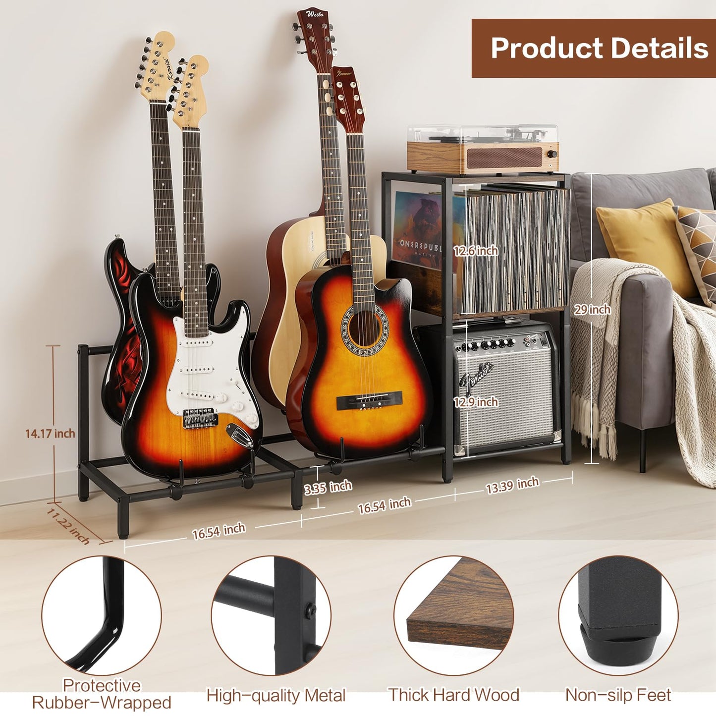 Bikoney Guitar Stand for 4 Guitars - Acoustic, Electric, Bass & Ukulele Floor Rack with 2 Wood Shelves for Amp Holder, Vinyl Records & Media Storage - Adjustable Multi Guitar Display Stand for Music Studio Home (Patent)