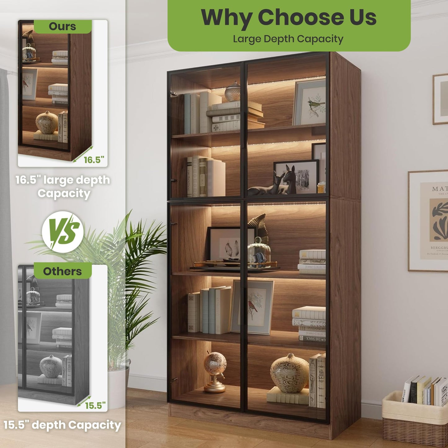Bobve 78.7" Display Cabinet with 4 Glass Doors,5 -Tier Storage Cabinet with APP Control LED Lights,Tall Walnut Bookcase with Storage,Wooden Display Case for Collectible,Living Room,Office (Walnut)