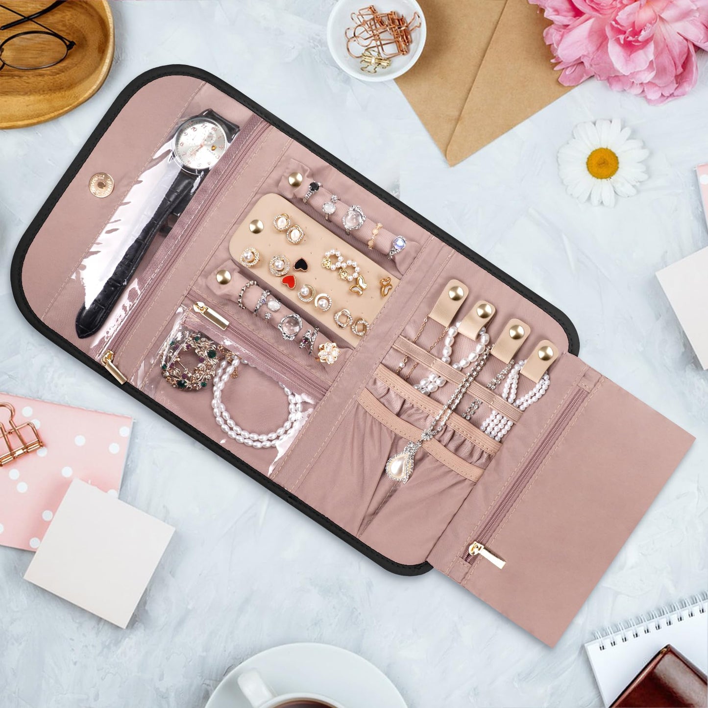 TBTOTRA Travel Jewelry Organizer Box, Foldable Travel Case for Earrings, Necklaces, Rings, Bracelets, Black