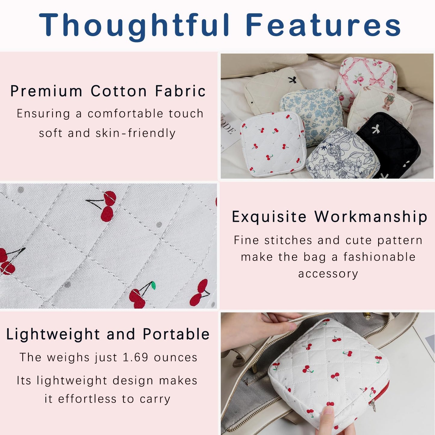 Small Quilted Cotton Makeup Bag for Purse, Cosmetic Bag with Compartments, Cotton Aesthetic Makeup Bag, Travel Toiletry Pouch, Key Pocket Lipstick Bag Card Holder Data Cable Organizer（07Cherry）