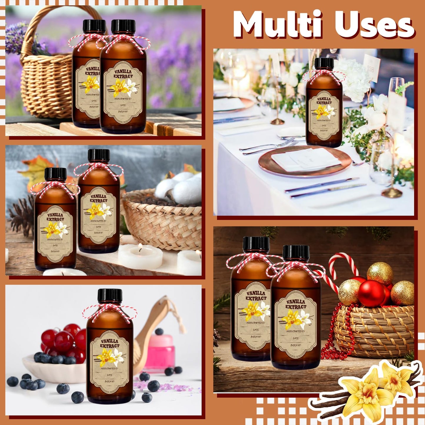 NVioAsport 8 Pack Amber Glass Vanilla Extract Bottles with Lids, 8 PCS Vanilla Extract Labels and Funnel, Glass Boston Vanilla Bottles for Syrup Gift, Jars Glass Bottles for Vanilla Extract (4oz)