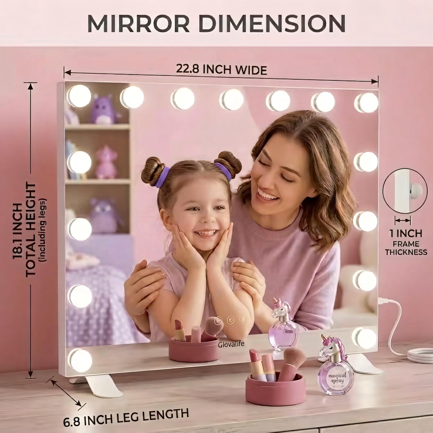 Glovalife Vanity Mirror with Lights, Large Hollywood Lighted Mirror, LED Bulbs with 3 Colors Lighting, USB & USB C Charging Port, Touch Control, Glass Tempered, White 22.8" X 18.1"