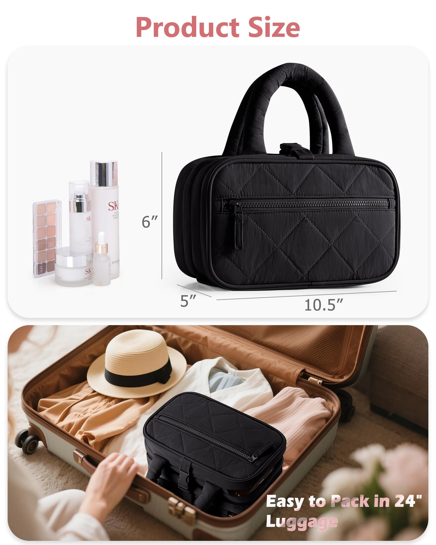 Marscamd Travel Toiletry Bag for Women with Hanging Hook, Puffy Makeup Organizer with Brushes Slots for Bathroom, Shower and Beauty Essentials, Black