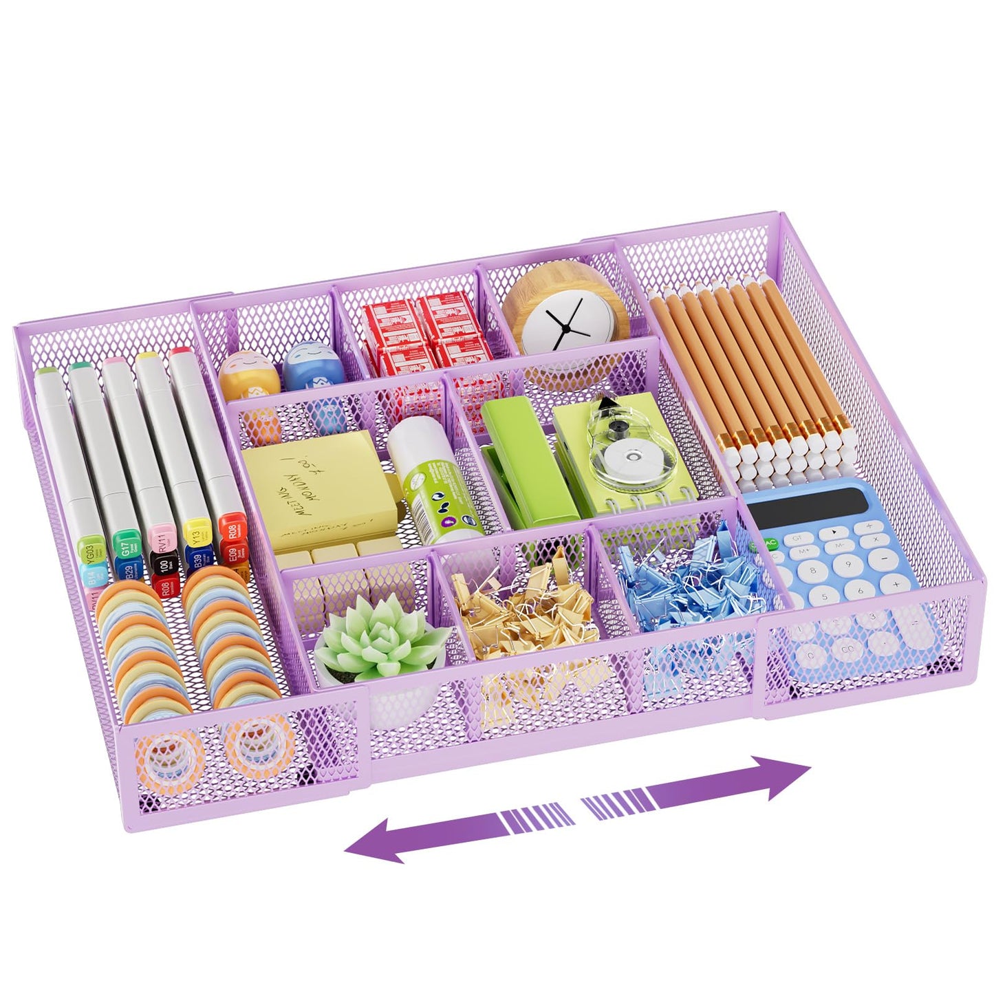 Marbrasse Expandable Desk Drawer Organizer, Mesh Drawer Organizer Tray with 10 Adjustable Compartments, Desk Organizers and Accessories for Office Supplies, Makeup & Vanity (Expandable-Purple)