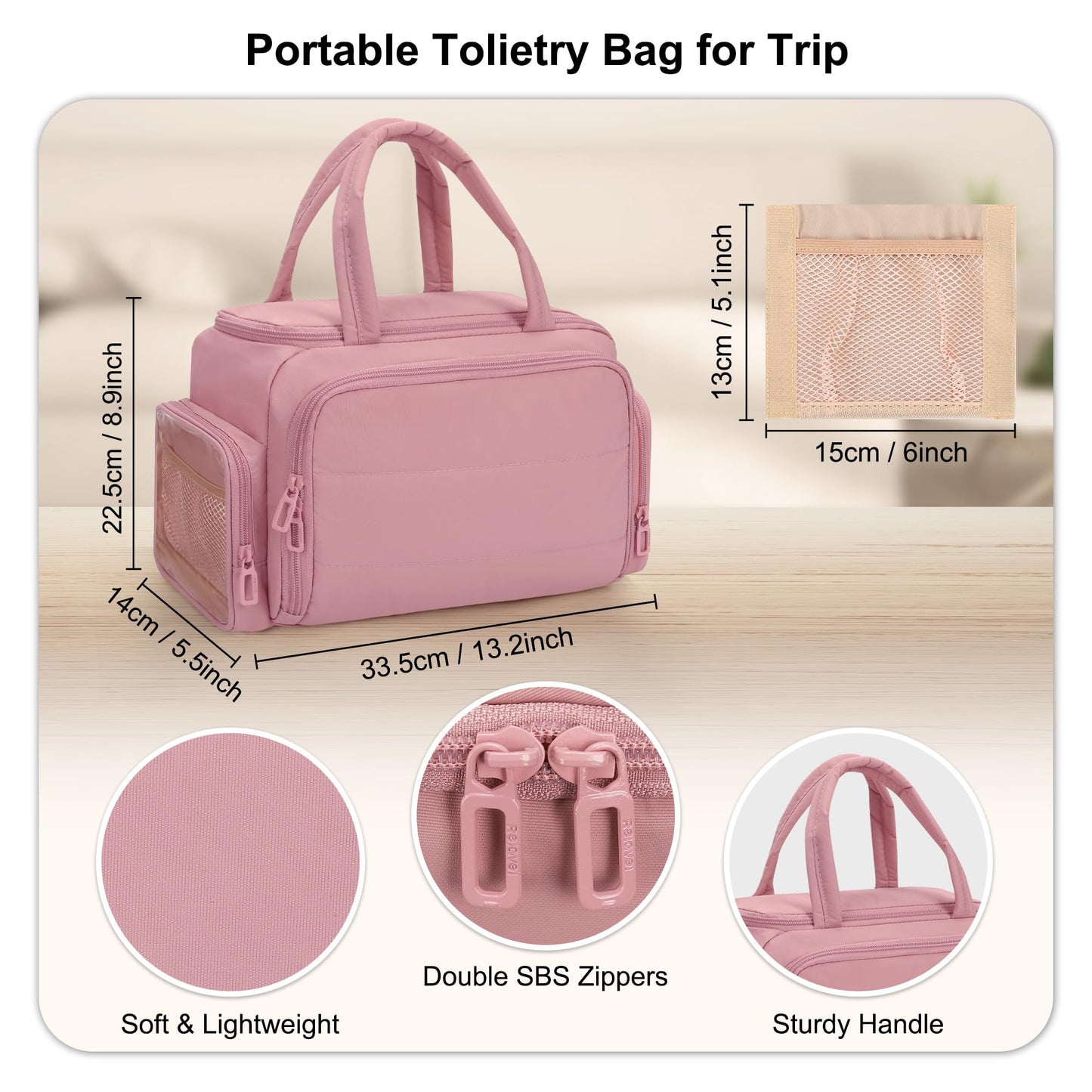 WGEAR Travel Cosmetic Bag for Women, Lightweight Wide-open Makeup Travel Bags for Toiletries with 2 Removable Dividers, Large Makeup Organizer with Brushes Board, Multi Pockets for Gym, Daily, Pink