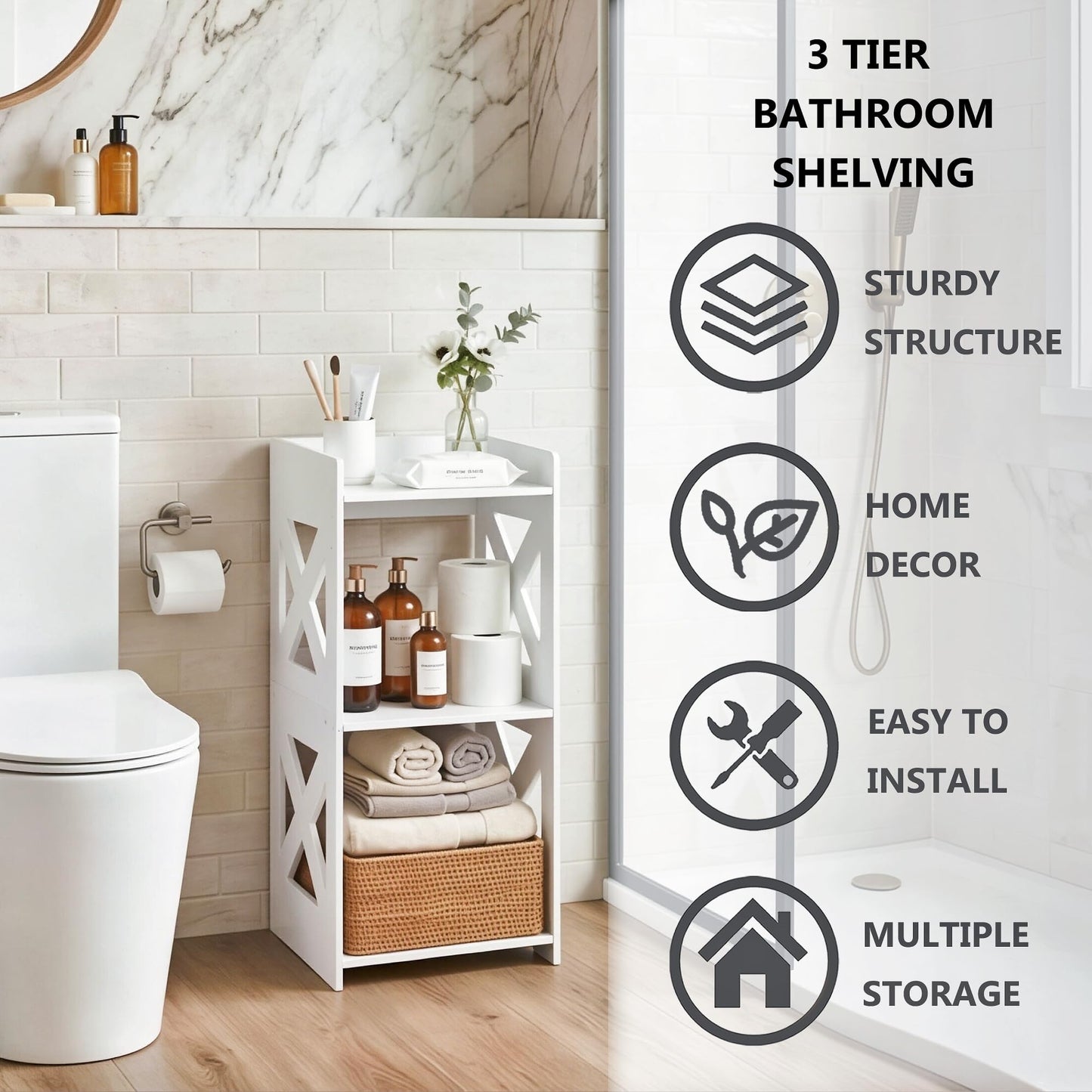 FONHAYE Small Bathroom Storage Corner Shelf, Waterproof PVC Narrow Floor Stand, Slim Gap Filler Organizer for Toilet Side, Laundry Room, Shower, Kitchen Spice Rack, White Restroom Holder (3-Tier)