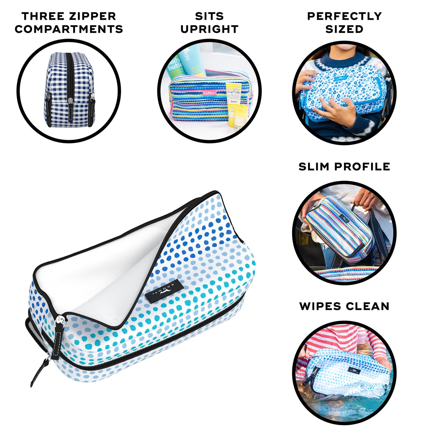 SCOUT 3-Way Bag - Travel Makeup Pouch and Toiletry Bag for Women with Three Zipper Compartments - Stands Upright, Wipes Clean