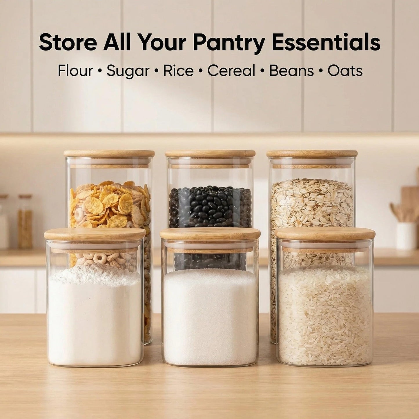 Airtight Glass Storage Containers with Lids Set of 6, 25 /37 /50oz Square Glass Jars with Bamboo Lids, Kitchen Canister Set for Pantry Organization Food Storage for Flour Sugar Rice Pasta Cereal