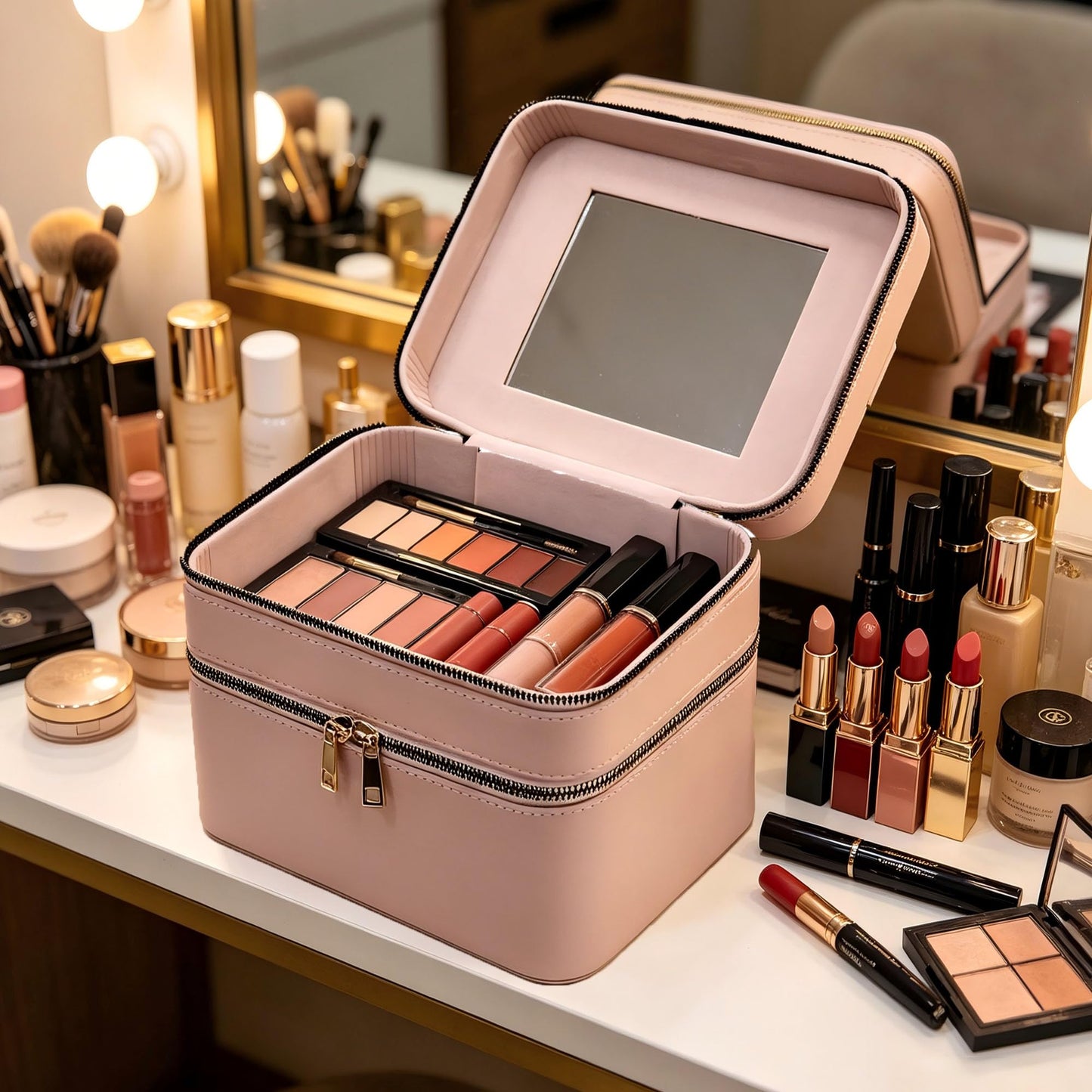 RCFJ b y K L A N D Hard Makeup Case, Double Layer Travel Cosmetic Case with Mirror - Waterproof PU Leather Toiletry Bag for Women