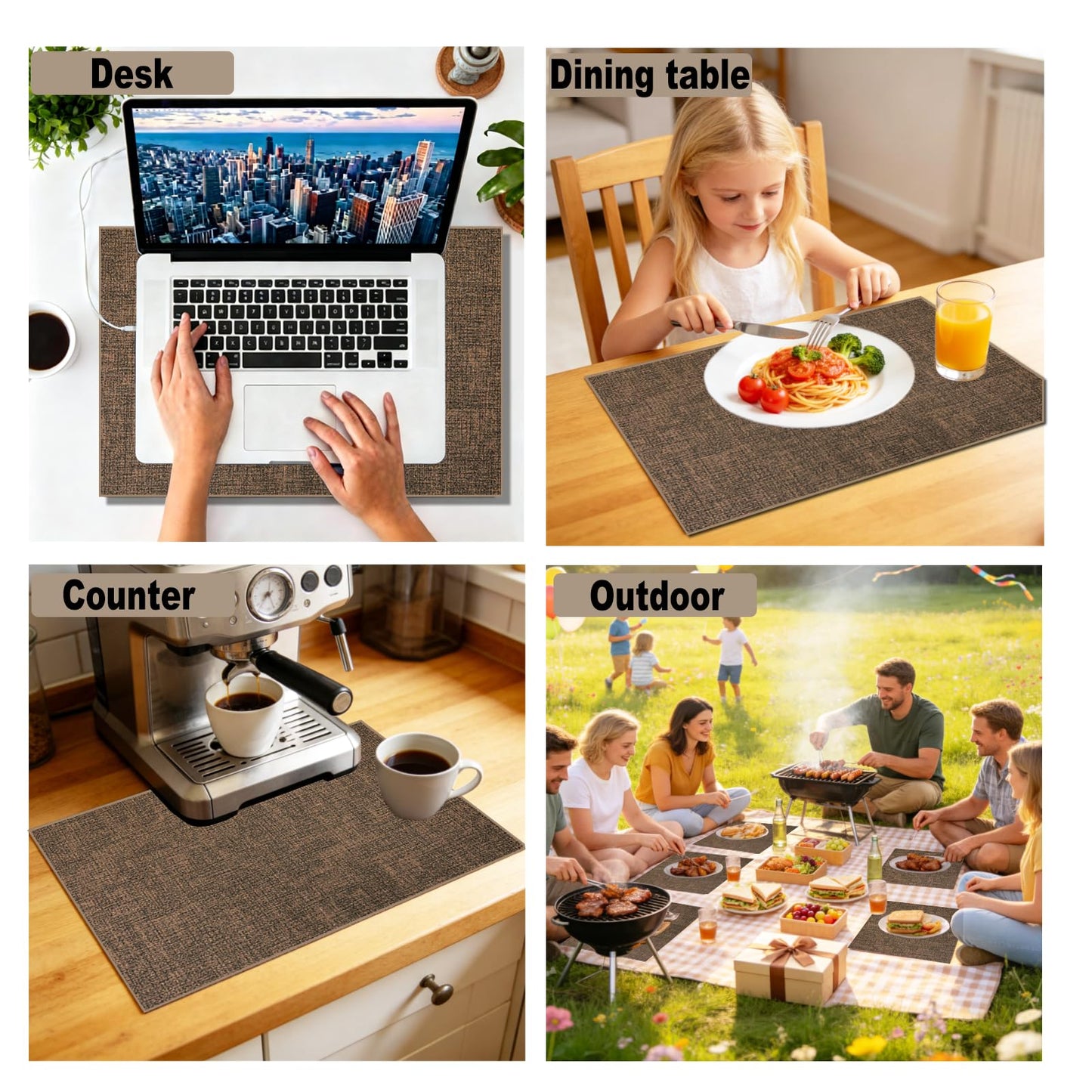 SHUFGY Faux Leather Placemats Set of 6, 11.8"x17.7" Reversible Table Mats - Waterproof, Stain & Heat Resistant, Easy Clean for Dining, Gatherings, Outdoor (Brown)